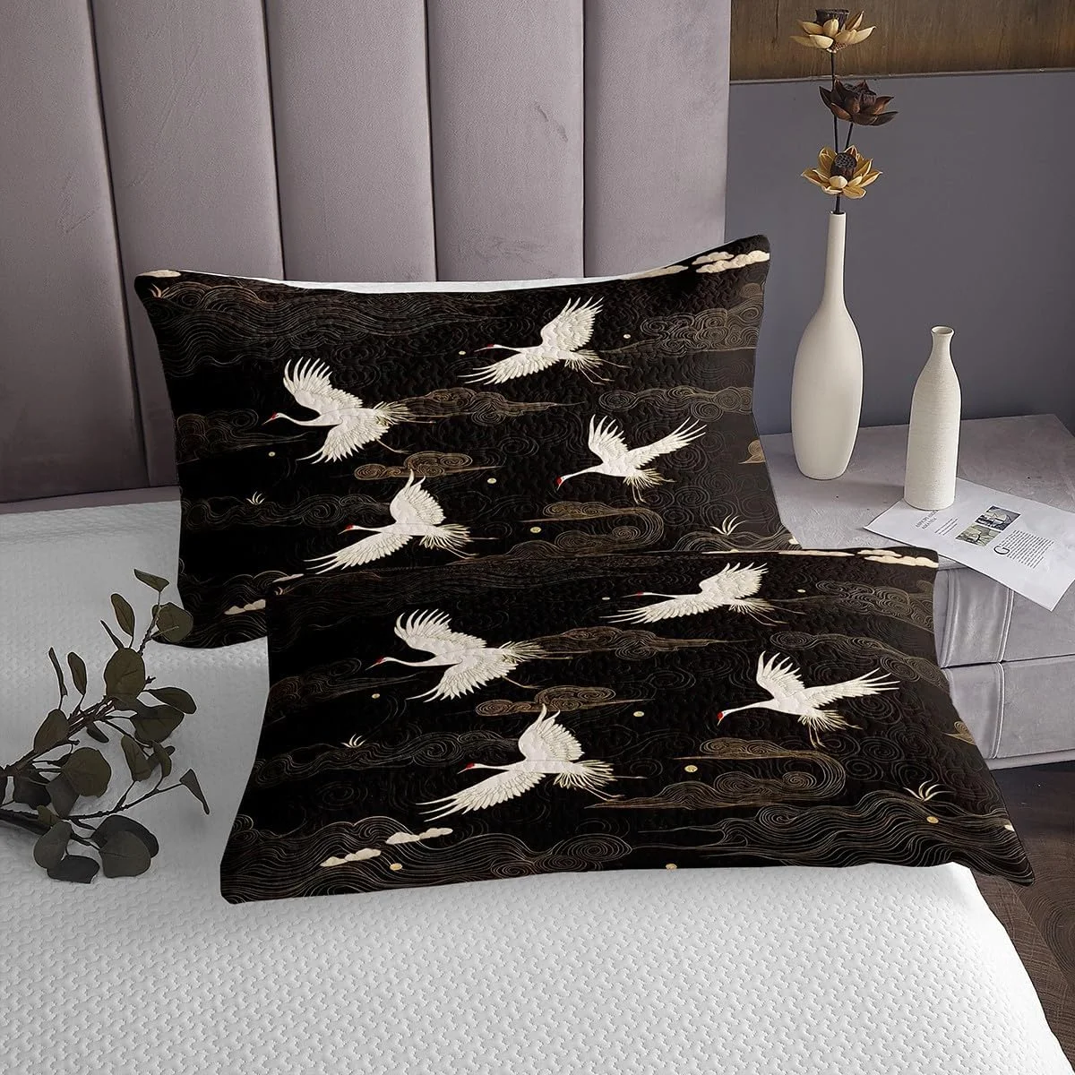 Feelyou رو تختی طرح درنای ژاپنی مناسب کودکان، سایز کینگ، طرح سنتی و رترو، ست رو تختی لحاف دار طرح پرنده زیبا مناسب اتاق پسران و دختران، 1 عدد رو تختی + 2 عدد روبالشتی