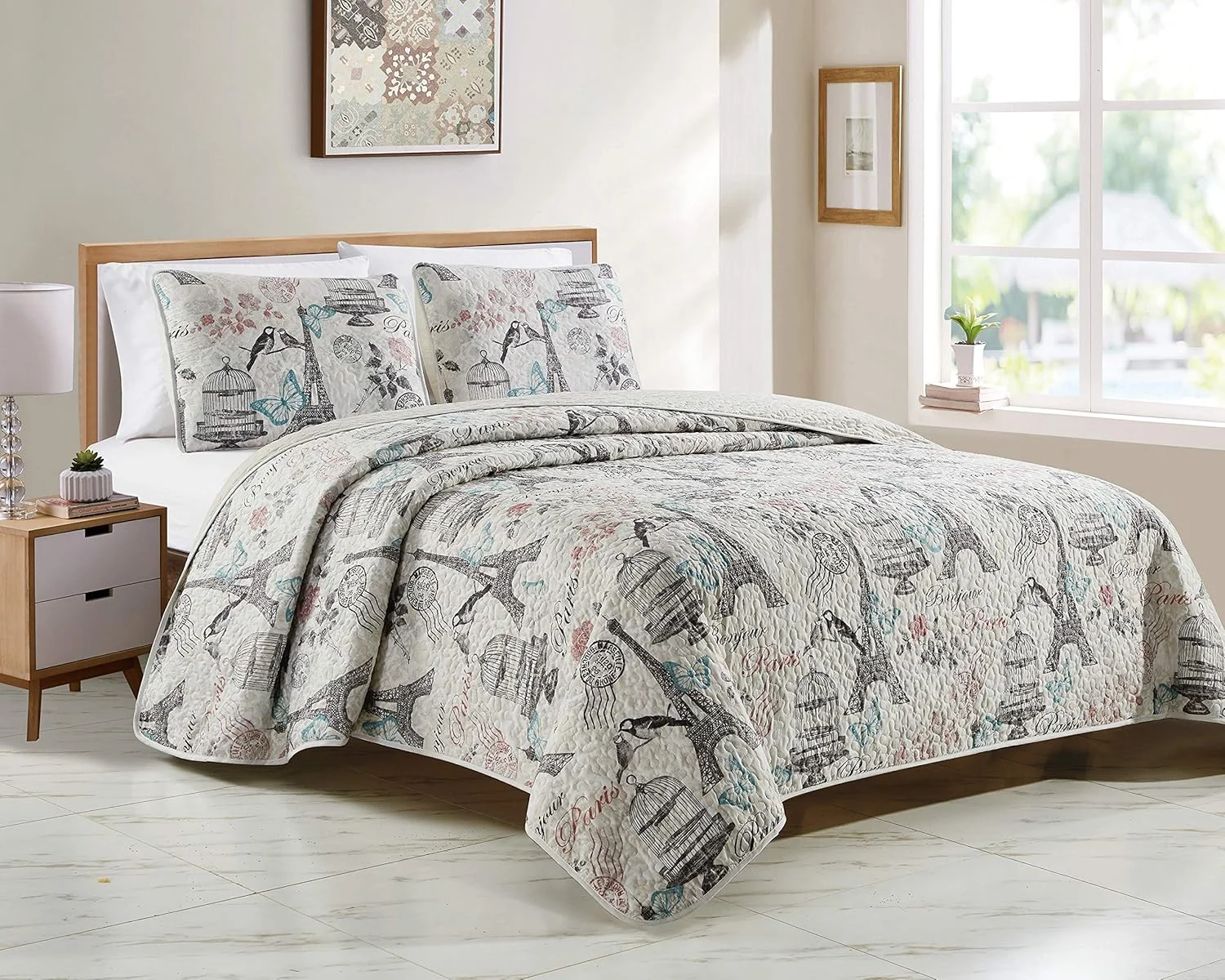 ست روتختی طرح پاریس، پروانه، برج ایفل، پرندگان، گل ها، قفس پرنده، بژ، مشکی، فیروزه ای، صورتی مدل Paris Butterfly (تک/تک سایز بزرگ)