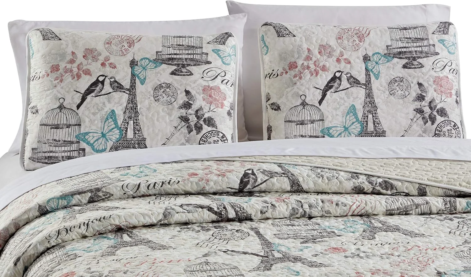 ست روتختی طرح پاریس، پروانه، برج ایفل، پرندگان، گل ها، قفس پرنده، بژ، مشکی، فیروزه ای، صورتی مدل Paris Butterfly (تک/تک سایز بزرگ)