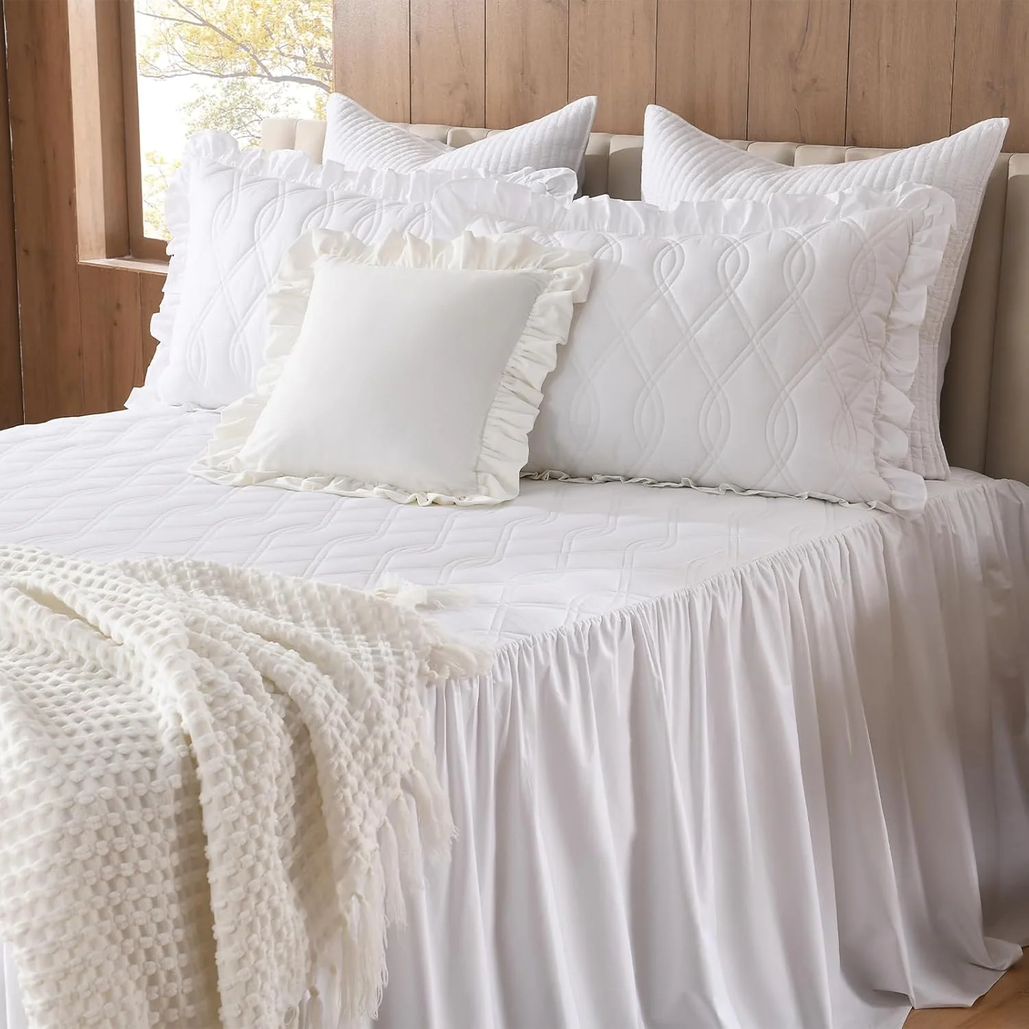 ست روتختی چین دار EWlinens - روتختی بزرگ پنبه ای 100% شیک و قدیمی، روتختی توری سفید مزرعه ای زیبا با چین، مناسب تمام فصول، 3 تکه