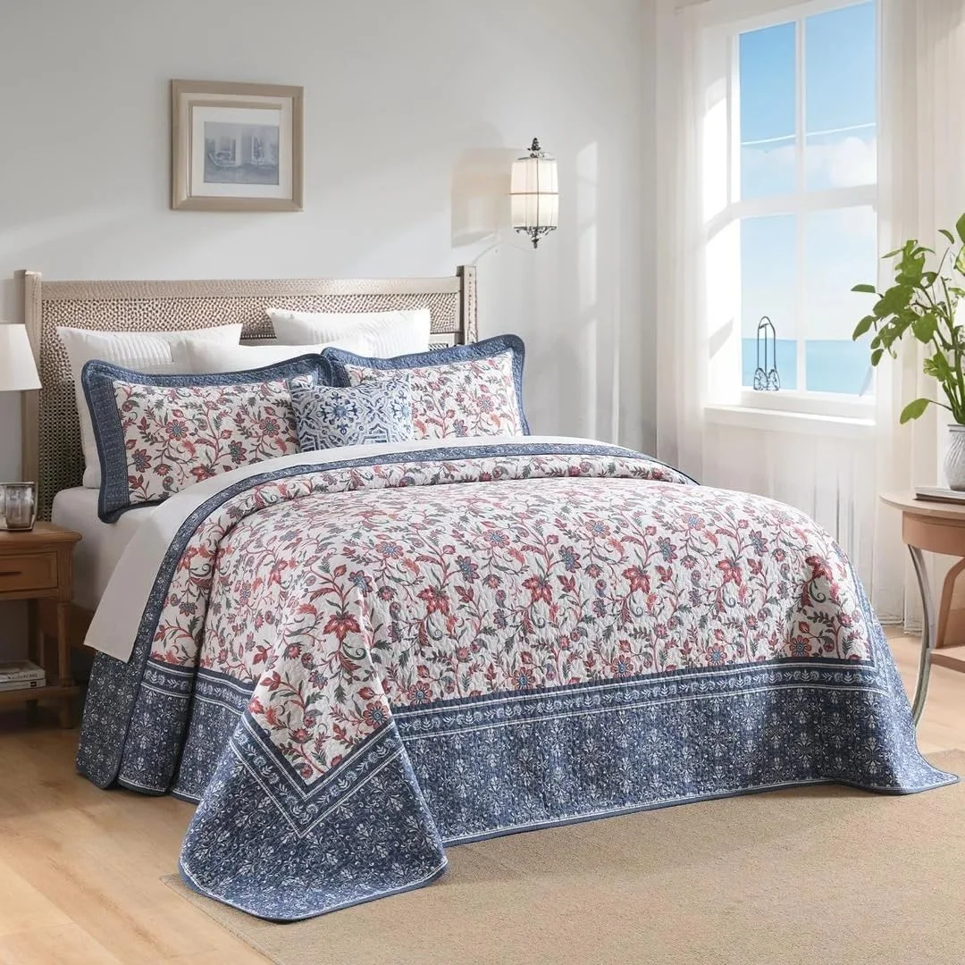 روتختی کینگ سایز بزرگ پنبه‌ای ۱۰۰% EWlinens طرح گلدار وینتیج، لحاف کینگ سایز خیلی بزرگ، ست روتختی طرح بته جقه دو رو، روتختی سه تکه مناسب تمام فصول، آبی/قرمز