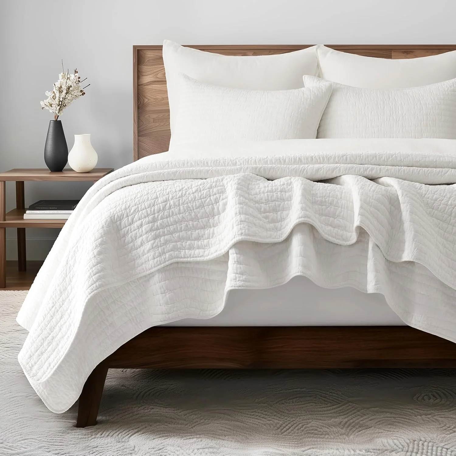 ست روتختی لحاف دوزی شده پنبه ای پیش شسته EVERGRACEHOME سایز کوئین، رو تختی سبک وزن 3 تکه بزرگ مناسب تمام فصول، به همراه 2 روبالشتی هماهنگ، سفید روشن، 233x243 سانتی متر