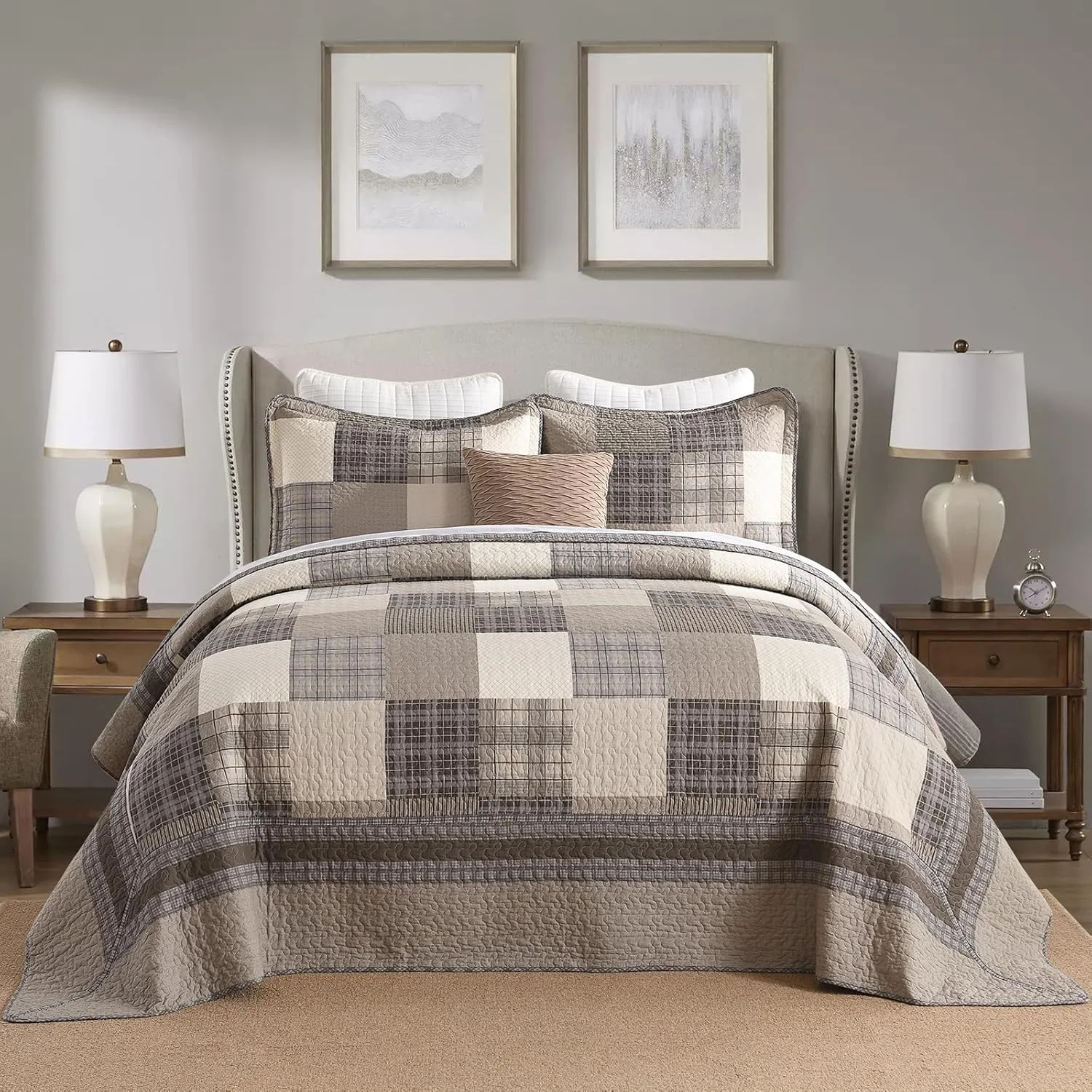 روتختی کالیفرنیا کینگ بزرگ EWlinens، طرح چهارخانه قهوه ای مزرعه، سایز بزرگ 304x325 سانتی متر، 100% پنبه