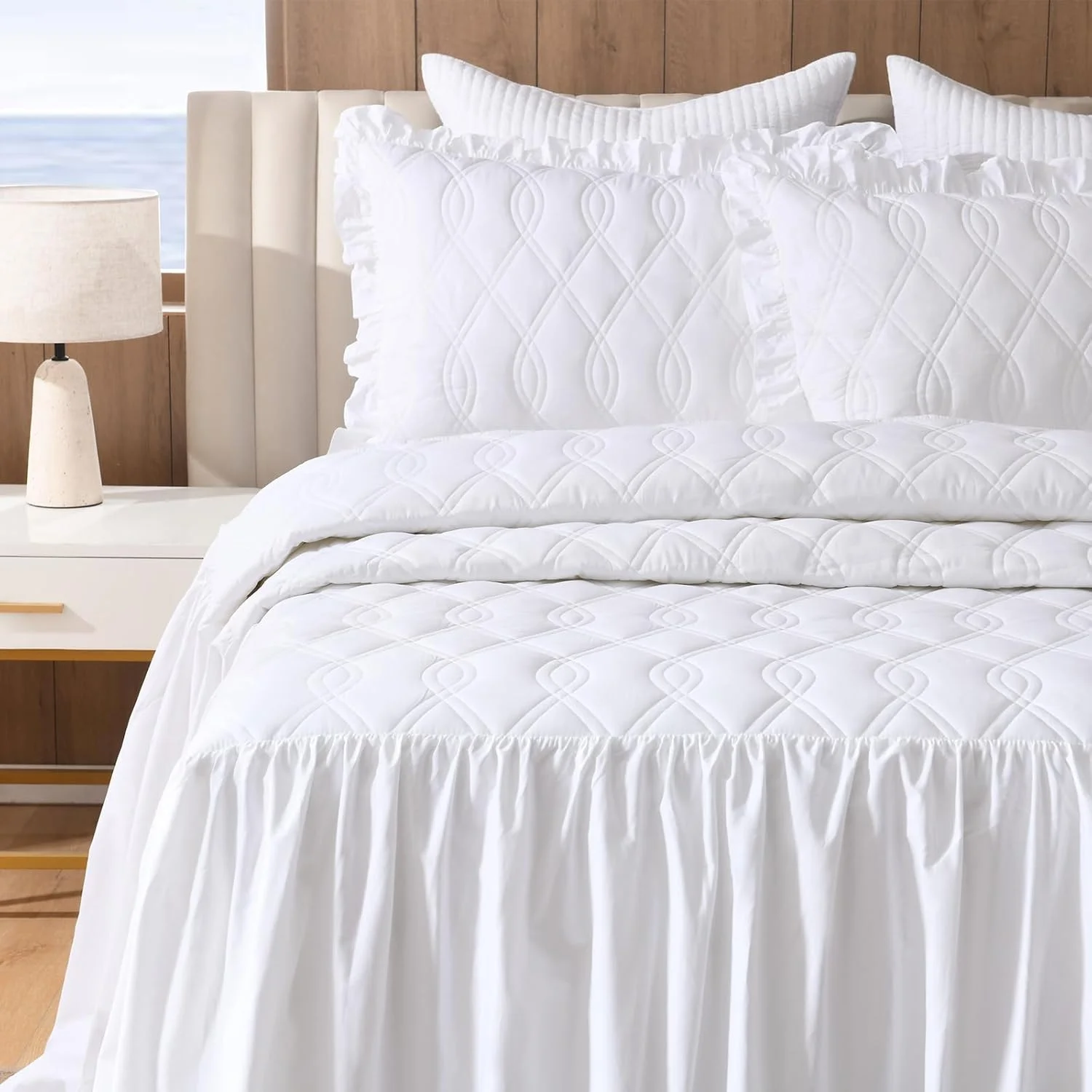 ست روتختی چین دار EWlinens - روتختی بزرگ پنبه ای 100% شیک و قدیمی، روتختی توری سفید مزرعه ای زیبا با چین، مناسب تمام فصول، 3 تکه