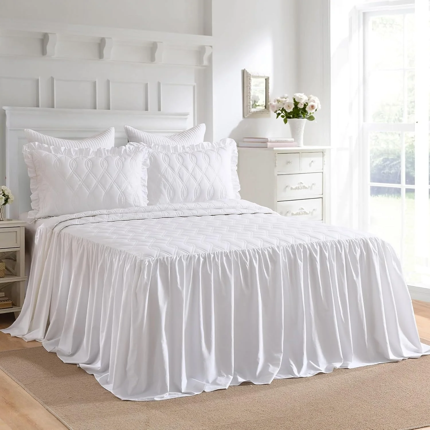 ست روتختی چین دار EWlinens - روتختی بزرگ پنبه ای 100% شیک و قدیمی، روتختی توری سفید مزرعه ای زیبا با چین، مناسب تمام فصول، 3 تکه