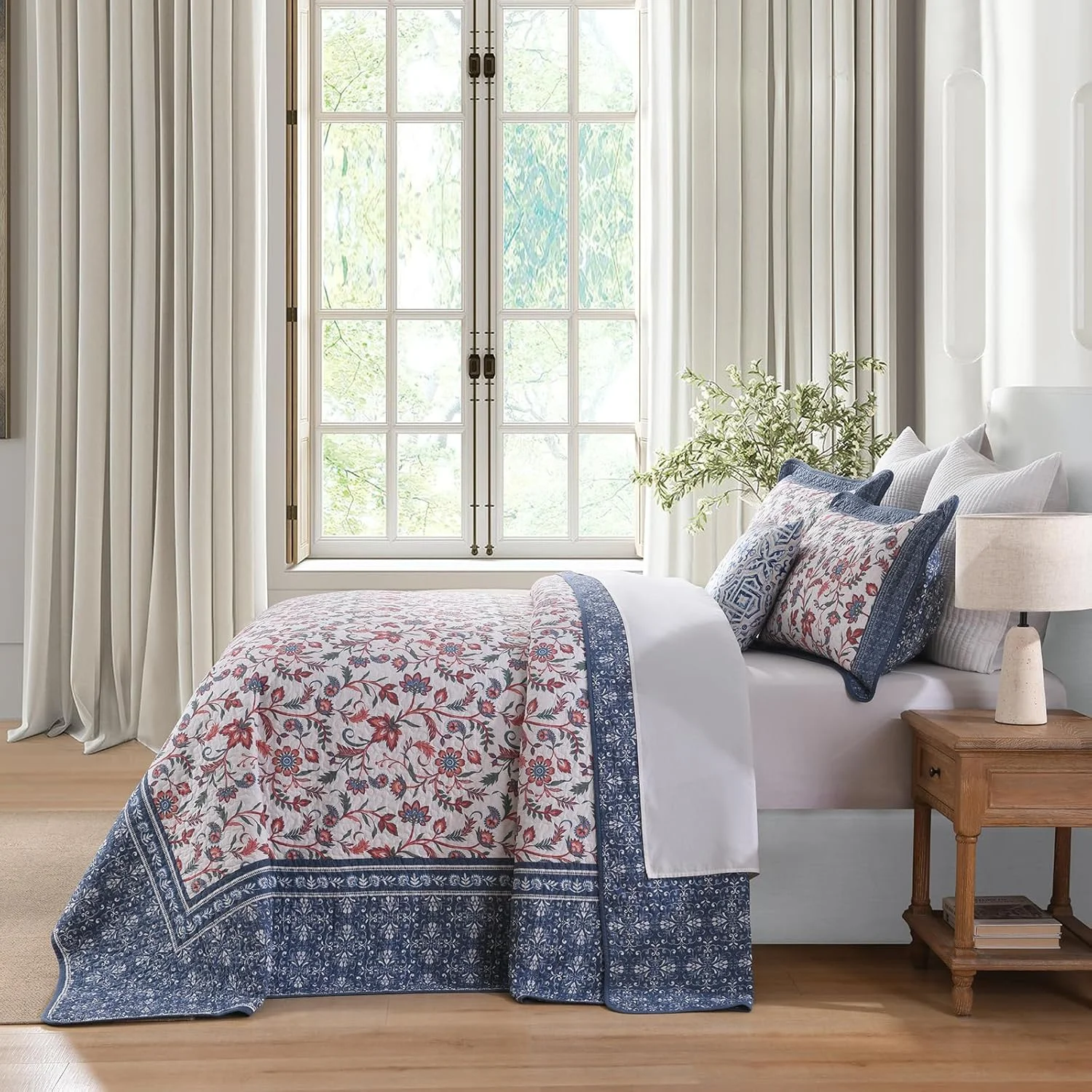 روتختی کینگ سایز بزرگ پنبه‌ای ۱۰۰% EWlinens طرح گلدار وینتیج، لحاف کینگ سایز خیلی بزرگ، ست روتختی طرح بته جقه دو رو، روتختی سه تکه مناسب تمام فصول، آبی/قرمز