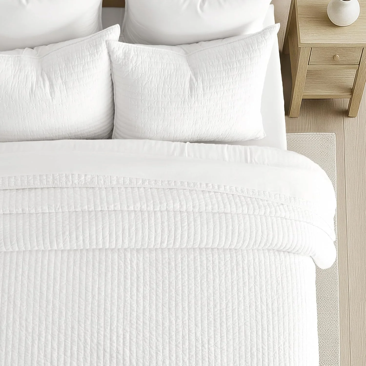 ست روتختی لحاف دوزی شده پنبه ای پیش شسته EVERGRACEHOME سایز کوئین، رو تختی سبک وزن 3 تکه بزرگ مناسب تمام فصول، به همراه 2 روبالشتی هماهنگ، سفید روشن، 233x243 سانتی متر
