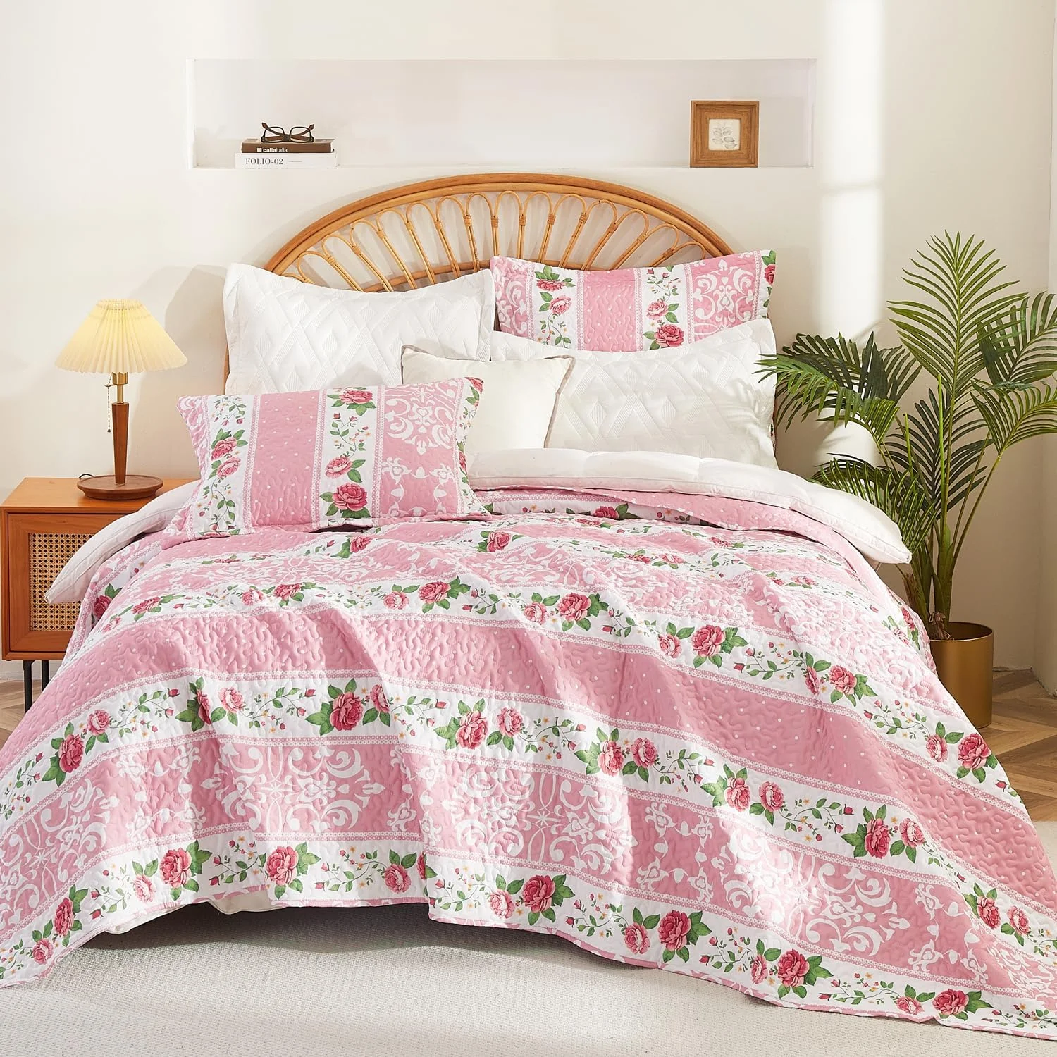 ست لحاف گلدار EVENHUG سایز کوئین 3 تکه، ست ملحفه صورتی، دو رو، همراه با 2 روبالشتی، روتختی سبک و نرم مناسب تمام فصول (270x244 سانتی متر، صورتی)