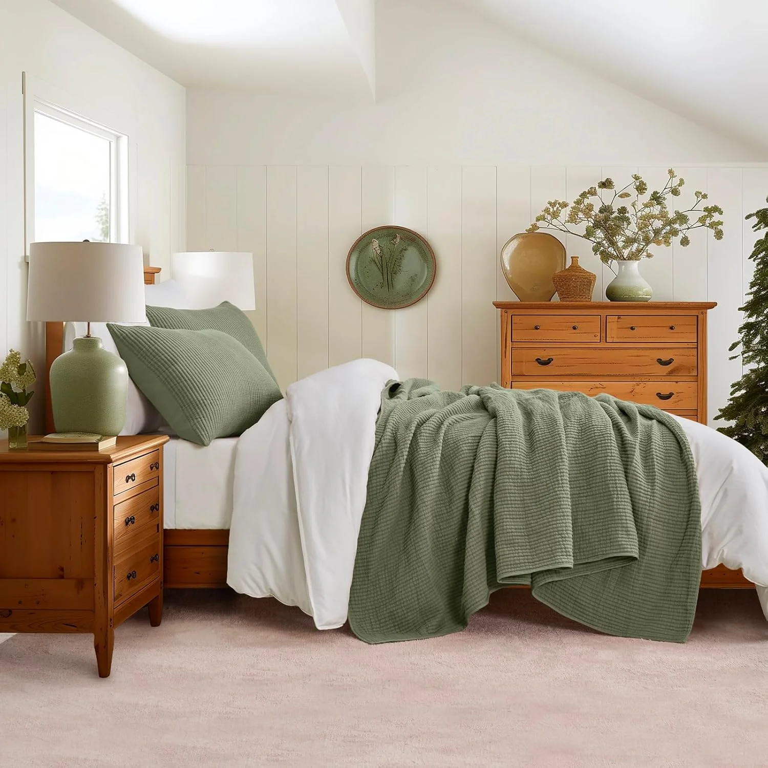 ست رو تختی پنبه ای EVERGRACEHOME سایز کینگ 3 تکه، لحاف روتختی ماتلاس سبک وزن و نرم، ست ملافه لحافی بزرگ و دنج با 2 روبالشی برای تمام فصول، سبز زیتونی