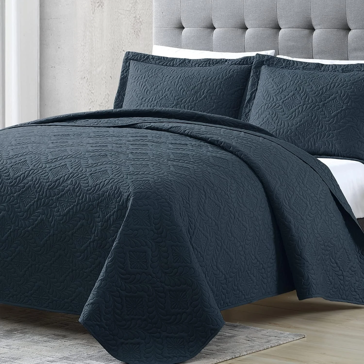 ست لحاف EXQ Home سایز کویین/کامل، سرمه ای، 3 تکه، لحاف سبک و نرم، طرح گندم مدرن (1 لحاف، 2 روبالشتی) ست لحاف EXQ Home سایز کویین/کامل، سرمه ای، 3 تکه، لحاف سبک و نرم، طرح گندم مدرن (1 لحاف، 2 روبالشتی)