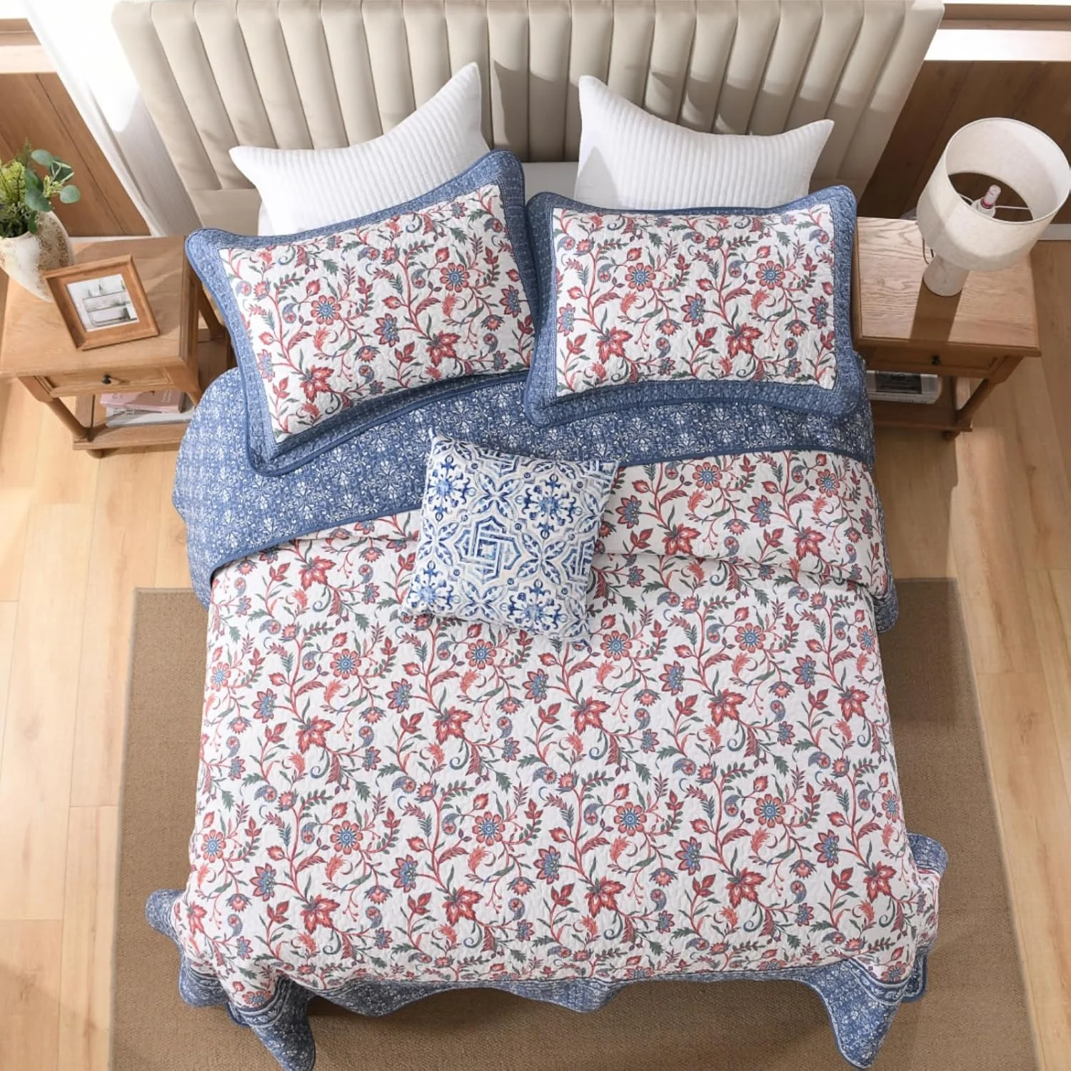 روتختی کینگ سایز بزرگ پنبه‌ای ۱۰۰% EWlinens طرح گلدار وینتیج، لحاف کینگ سایز خیلی بزرگ، ست روتختی طرح بته جقه دو رو، روتختی سه تکه مناسب تمام فصول، آبی/قرمز