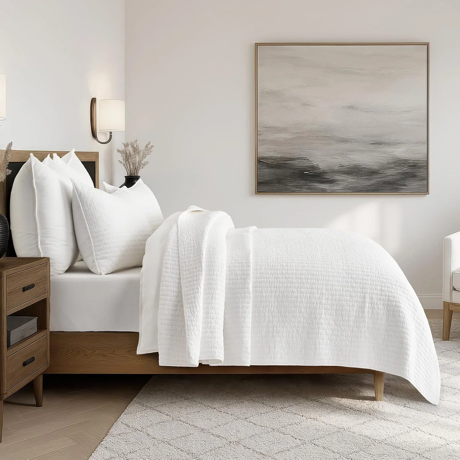 ست روتختی لحاف دوزی شده پنبه ای پیش شسته EVERGRACEHOME سایز کوئین، رو تختی سبک وزن 3 تکه بزرگ مناسب تمام فصول، به همراه 2 روبالشتی هماهنگ، سفید روشن، 233x243 سانتی متر