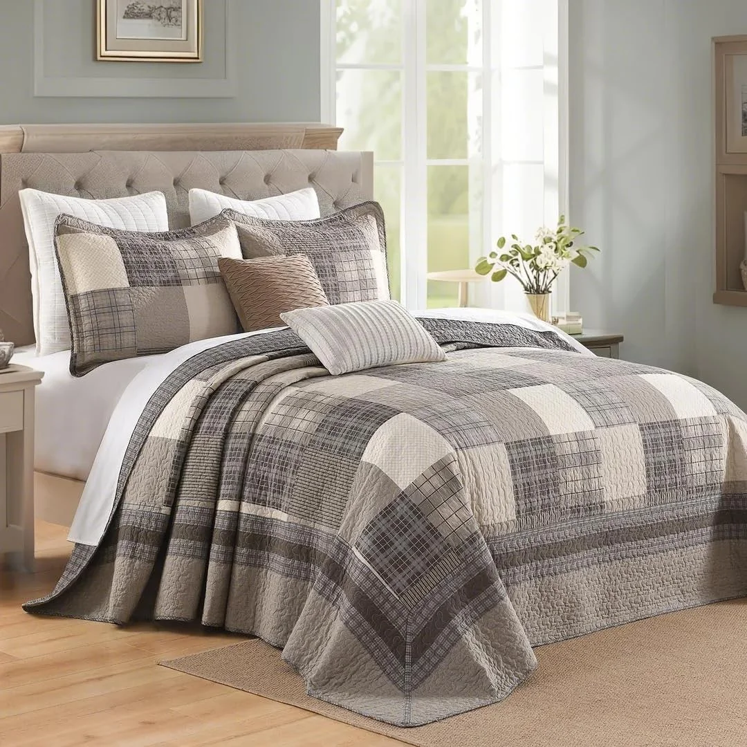 روتختی کالیفرنیا کینگ بزرگ EWlinens، طرح چهارخانه قهوه ای مزرعه، سایز بزرگ 304x325 سانتی متر، 100% پنبه