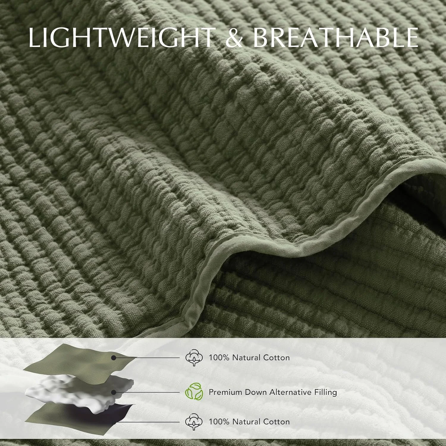 ست رو تختی پنبه ای EVERGRACEHOME سایز کینگ 3 تکه، لحاف روتختی ماتلاس سبک وزن و نرم، ست ملافه لحافی بزرگ و دنج با 2 روبالشی برای تمام فصول، سبز زیتونی