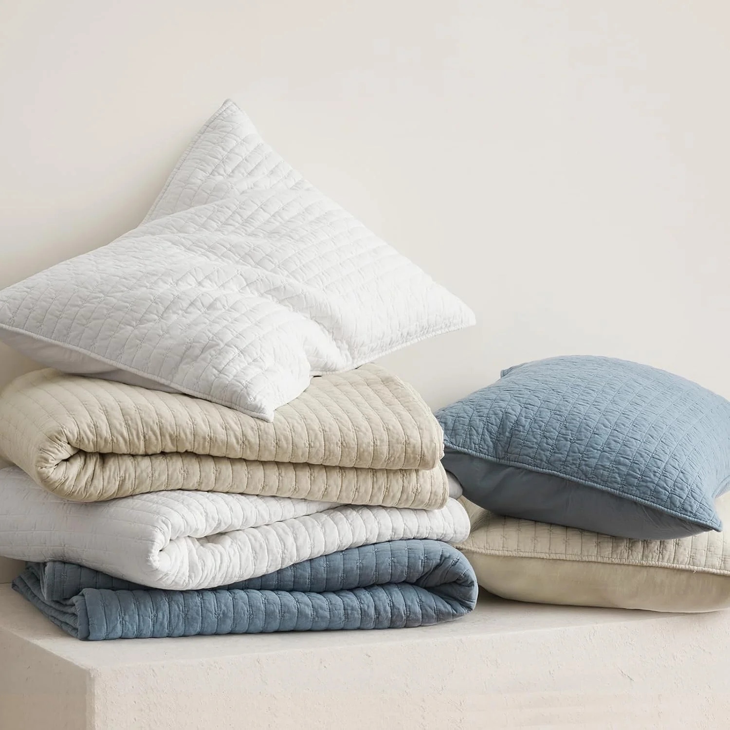 ست روتختی لحاف دوزی شده پنبه ای پیش شسته EVERGRACEHOME سایز کوئین، رو تختی سبک وزن 3 تکه بزرگ مناسب تمام فصول، به همراه 2 روبالشتی هماهنگ، سفید روشن، 233x243 سانتی متر