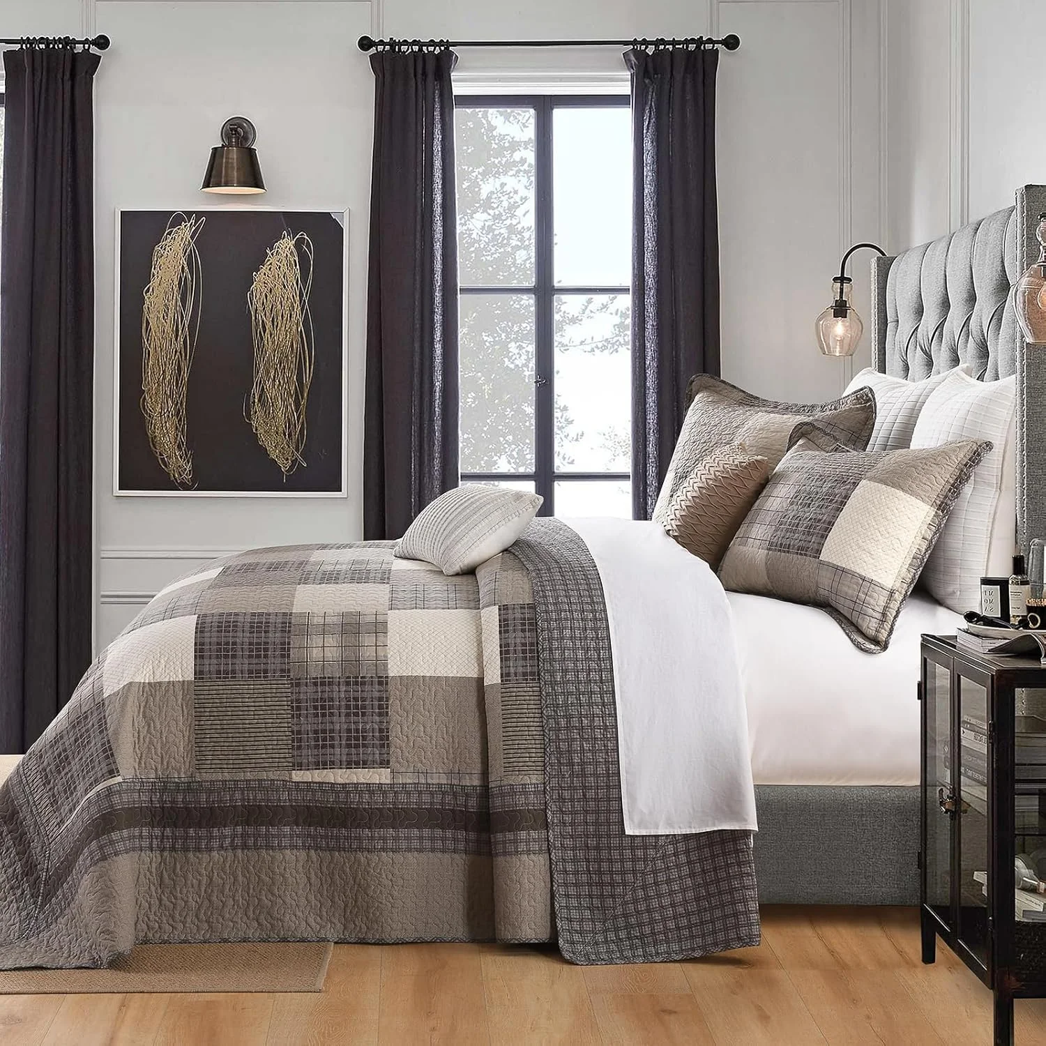 روتختی کالیفرنیا کینگ بزرگ EWlinens، طرح چهارخانه قهوه ای مزرعه، سایز بزرگ 304x325 سانتی متر، 100% پنبه