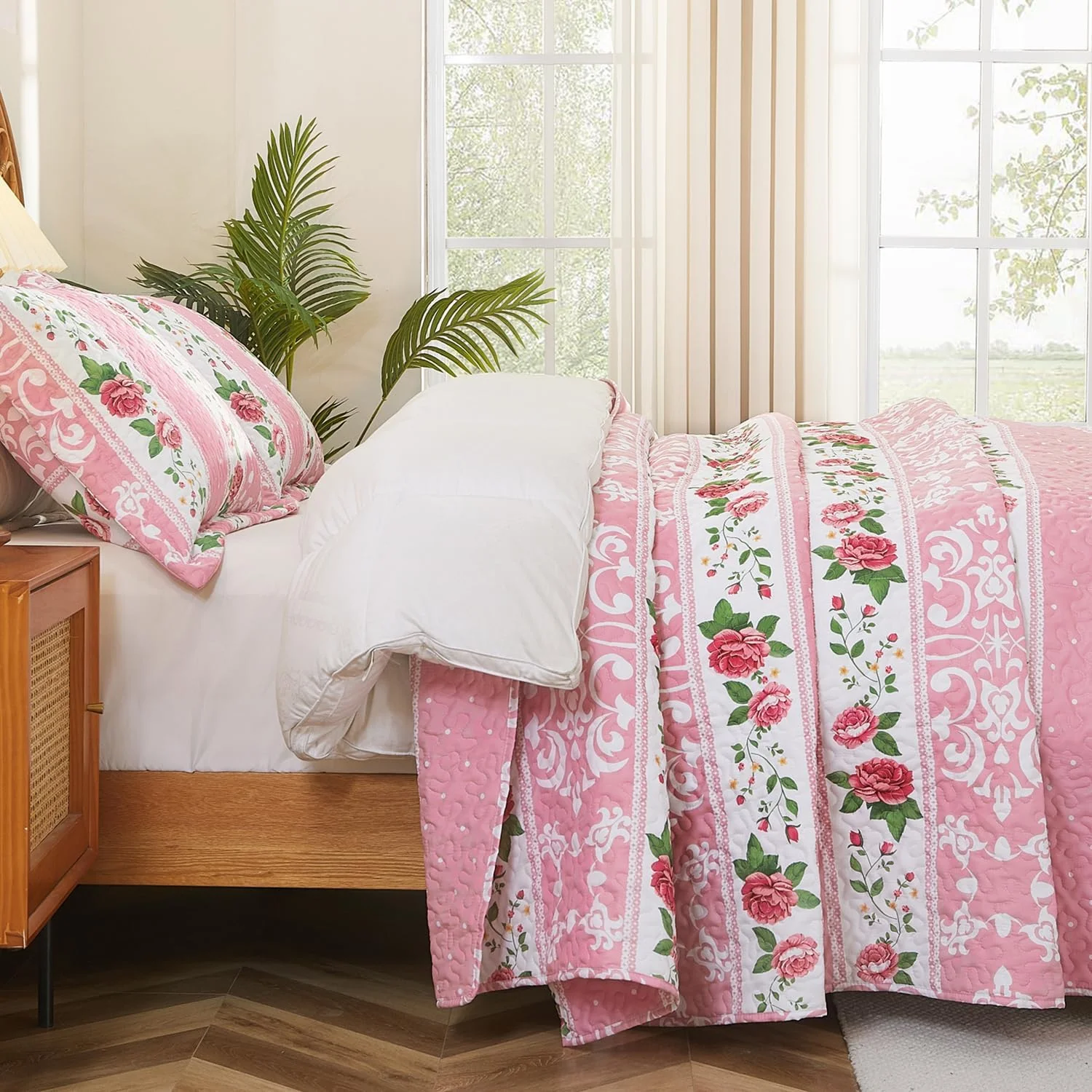 ست لحاف گلدار EVENHUG سایز کوئین 3 تکه، ست ملحفه صورتی، دو رو، همراه با 2 روبالشتی، روتختی سبک و نرم مناسب تمام فصول (270x244 سانتی متر، صورتی)