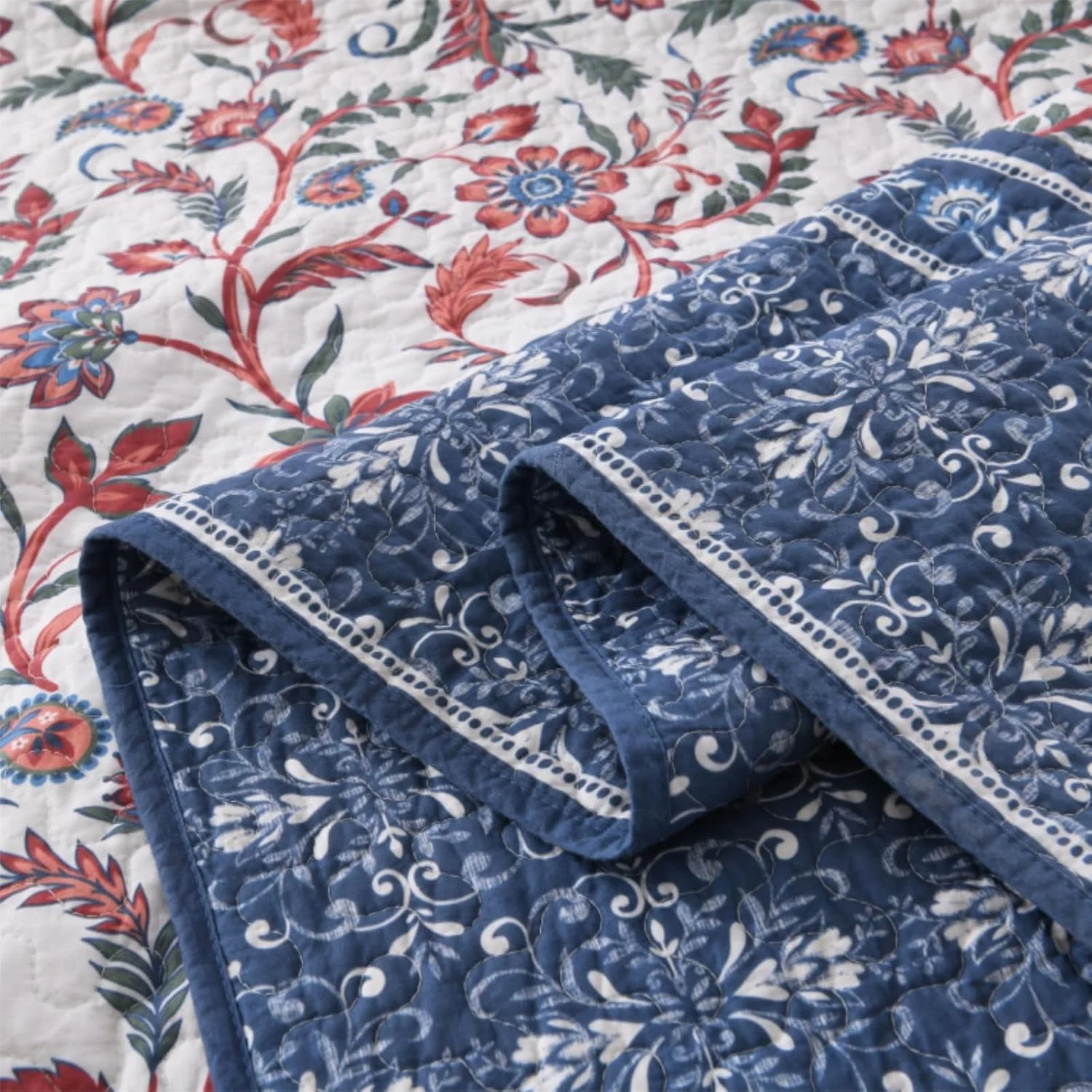 روتختی کینگ سایز بزرگ پنبه‌ای ۱۰۰% EWlinens طرح گلدار وینتیج، لحاف کینگ سایز خیلی بزرگ، ست روتختی طرح بته جقه دو رو، روتختی سه تکه مناسب تمام فصول، آبی/قرمز