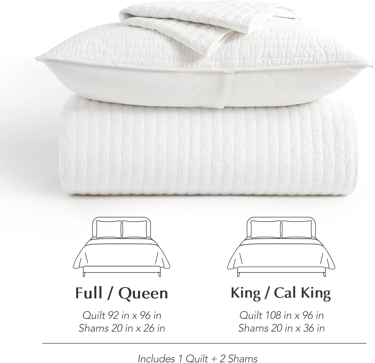 ست روتختی لحاف دوزی شده پنبه ای پیش شسته EVERGRACEHOME سایز کوئین، رو تختی سبک وزن 3 تکه بزرگ مناسب تمام فصول، به همراه 2 روبالشتی هماهنگ، سفید روشن، 233x243 سانتی متر