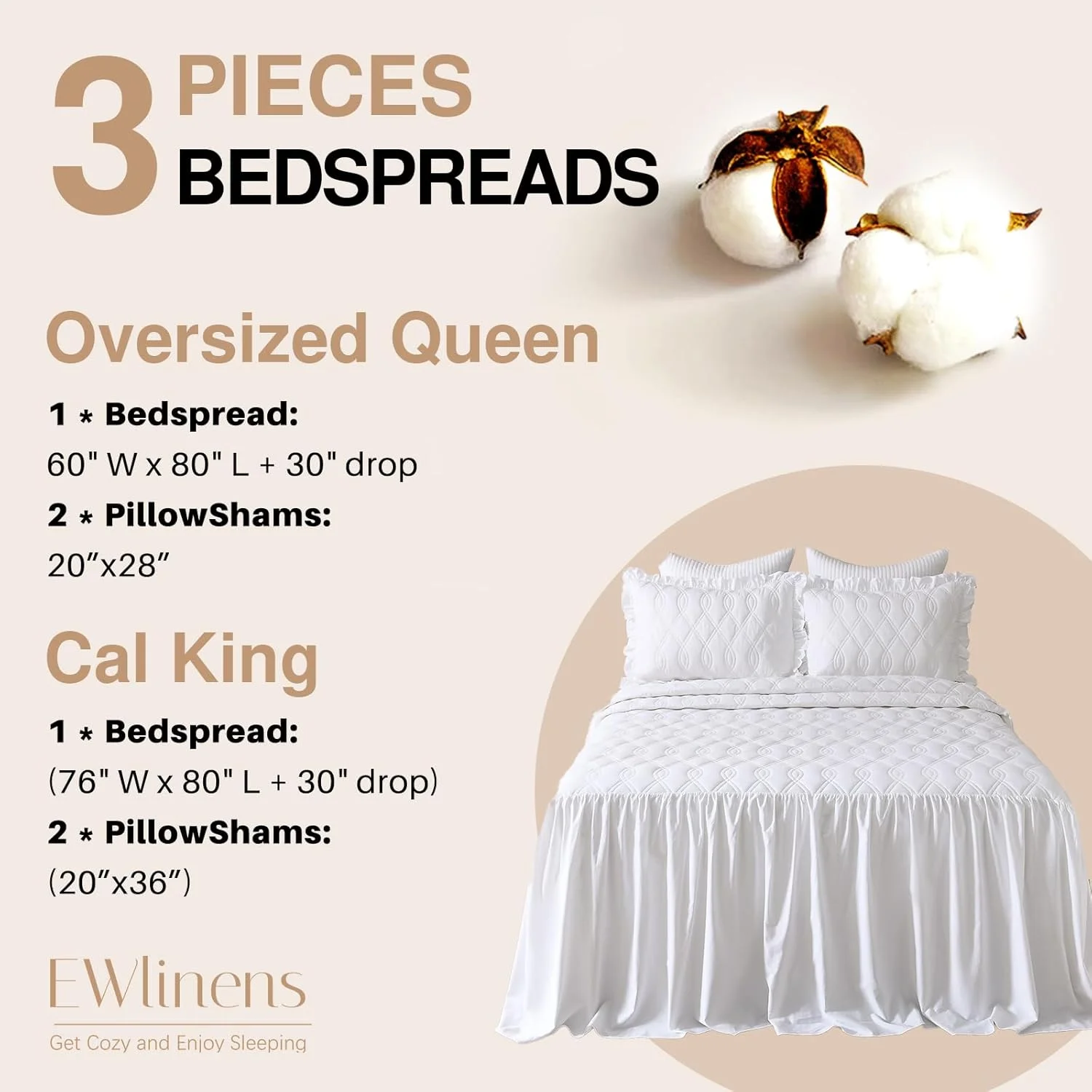 ست روتختی چین دار EWlinens - روتختی بزرگ پنبه ای 100% شیک و قدیمی، روتختی توری سفید مزرعه ای زیبا با چین، مناسب تمام فصول، 3 تکه