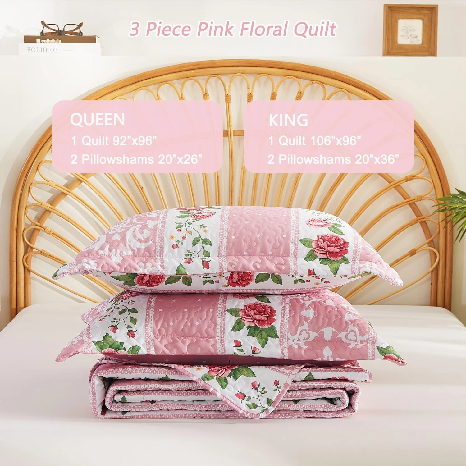 ست لحاف گلدار EVENHUG سایز کوئین 3 تکه، ست ملحفه صورتی، دو رو، همراه با 2 روبالشتی، روتختی سبک و نرم مناسب تمام فصول (270x244 سانتی متر، صورتی)