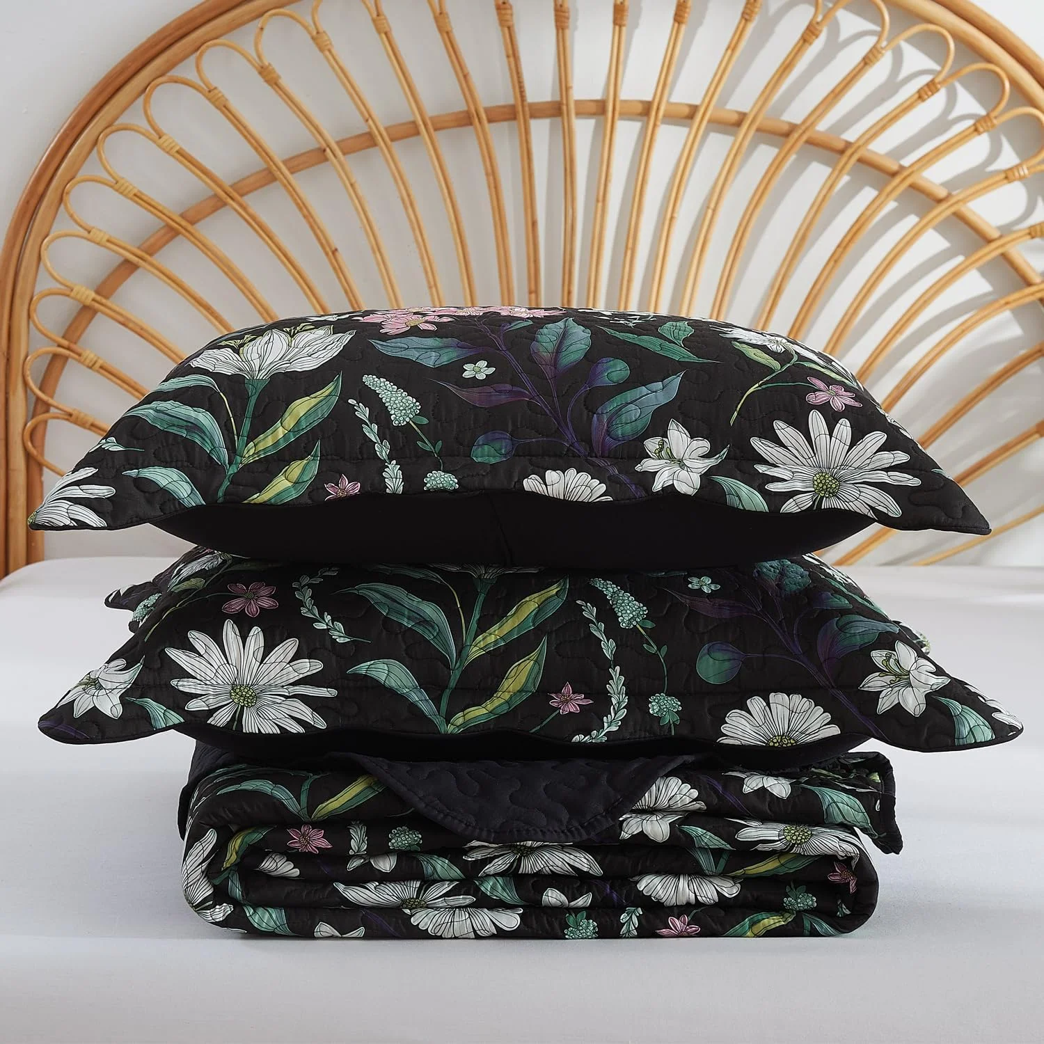 ست لحاف طرح گل EVENHUG سایز کینگ، روتختی مشکی طرح گیاهی به همراه روبالشتی، ست ملحفه گلدار نرم و سبک مناسب تمام فصول، 3 تکه (270x244 سانتی متر)