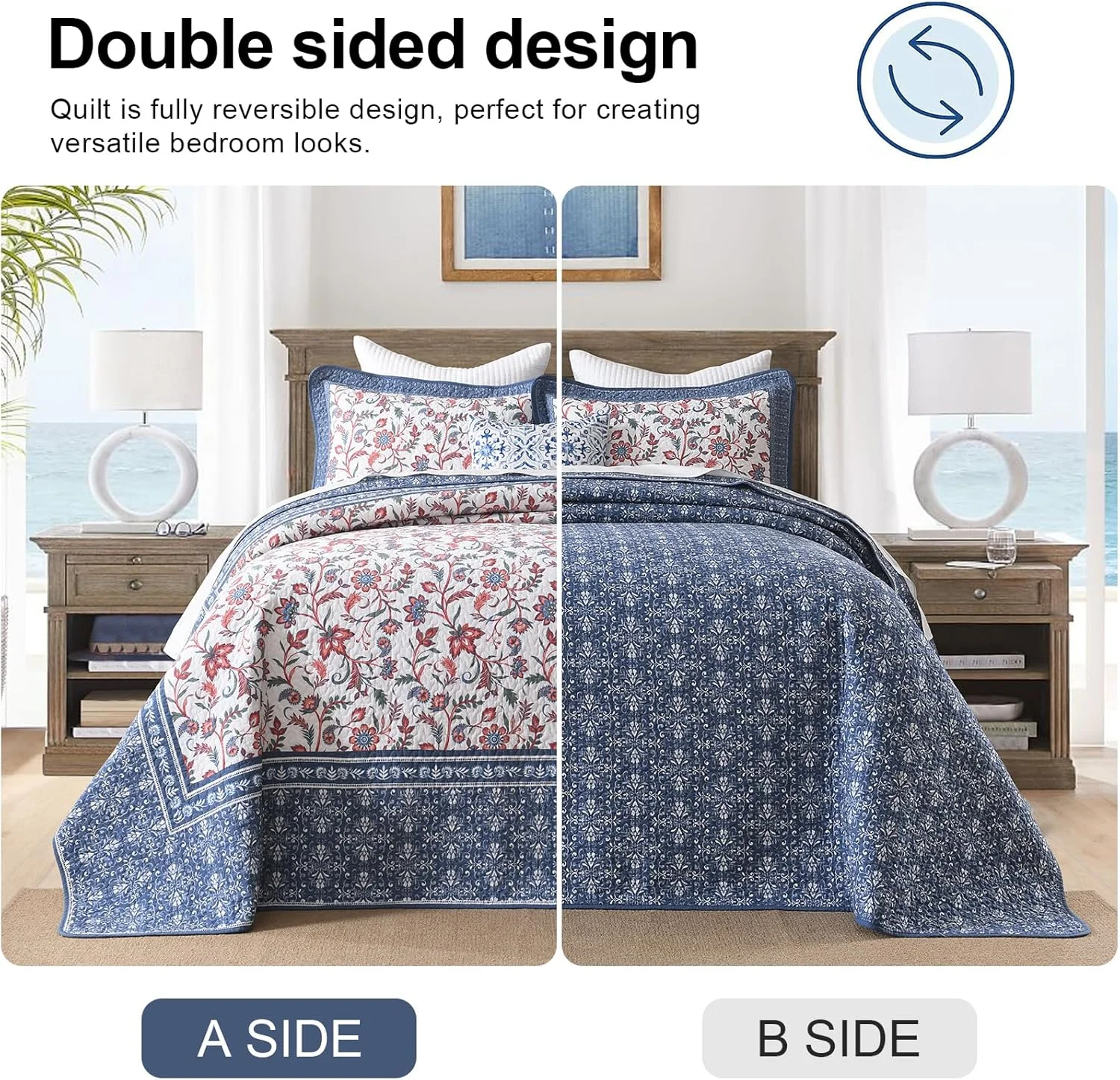 روتختی کینگ سایز بزرگ پنبه‌ای ۱۰۰% EWlinens طرح گلدار وینتیج، لحاف کینگ سایز خیلی بزرگ، ست روتختی طرح بته جقه دو رو، روتختی سه تکه مناسب تمام فصول، آبی/قرمز