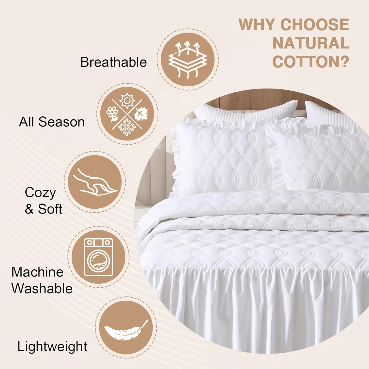 ست روتختی چین دار EWlinens - روتختی بزرگ پنبه ای 100% شیک و قدیمی، روتختی توری سفید مزرعه ای زیبا با چین، مناسب تمام فصول، 3 تکه