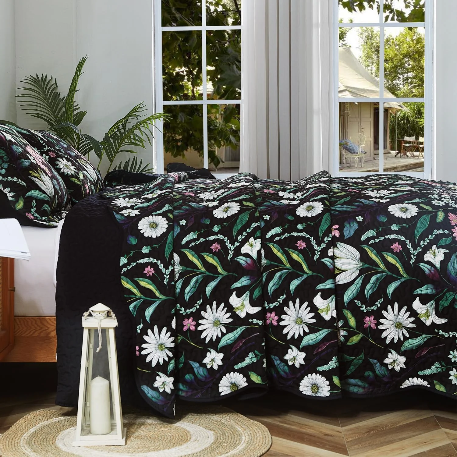 ست لحاف طرح گل EVENHUG سایز کینگ، روتختی مشکی طرح گیاهی به همراه روبالشتی، ست ملحفه گلدار نرم و سبک مناسب تمام فصول، 3 تکه (270x244 سانتی متر)