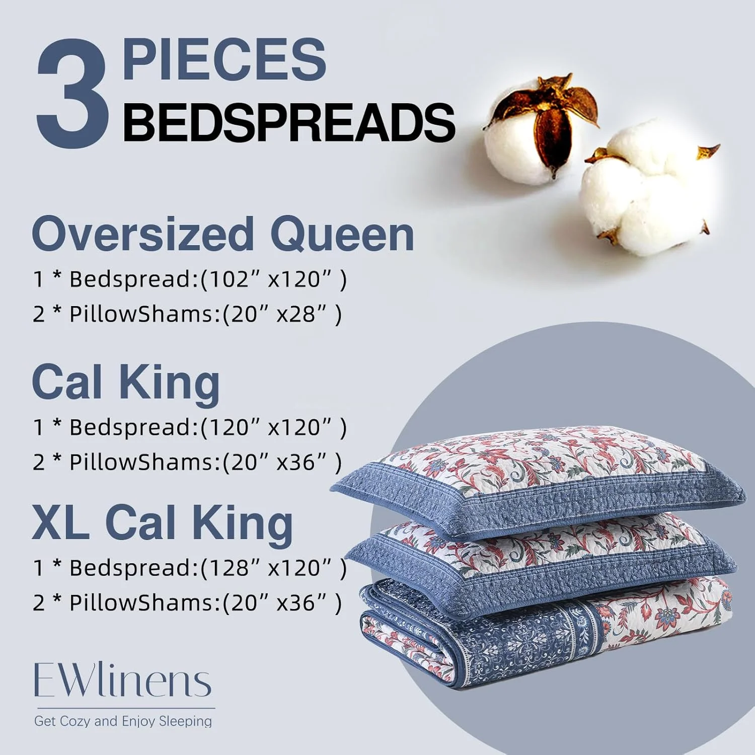 روتختی کینگ سایز بزرگ پنبه‌ای ۱۰۰% EWlinens طرح گلدار وینتیج، لحاف کینگ سایز خیلی بزرگ، ست روتختی طرح بته جقه دو رو، روتختی سه تکه مناسب تمام فصول، آبی/قرمز