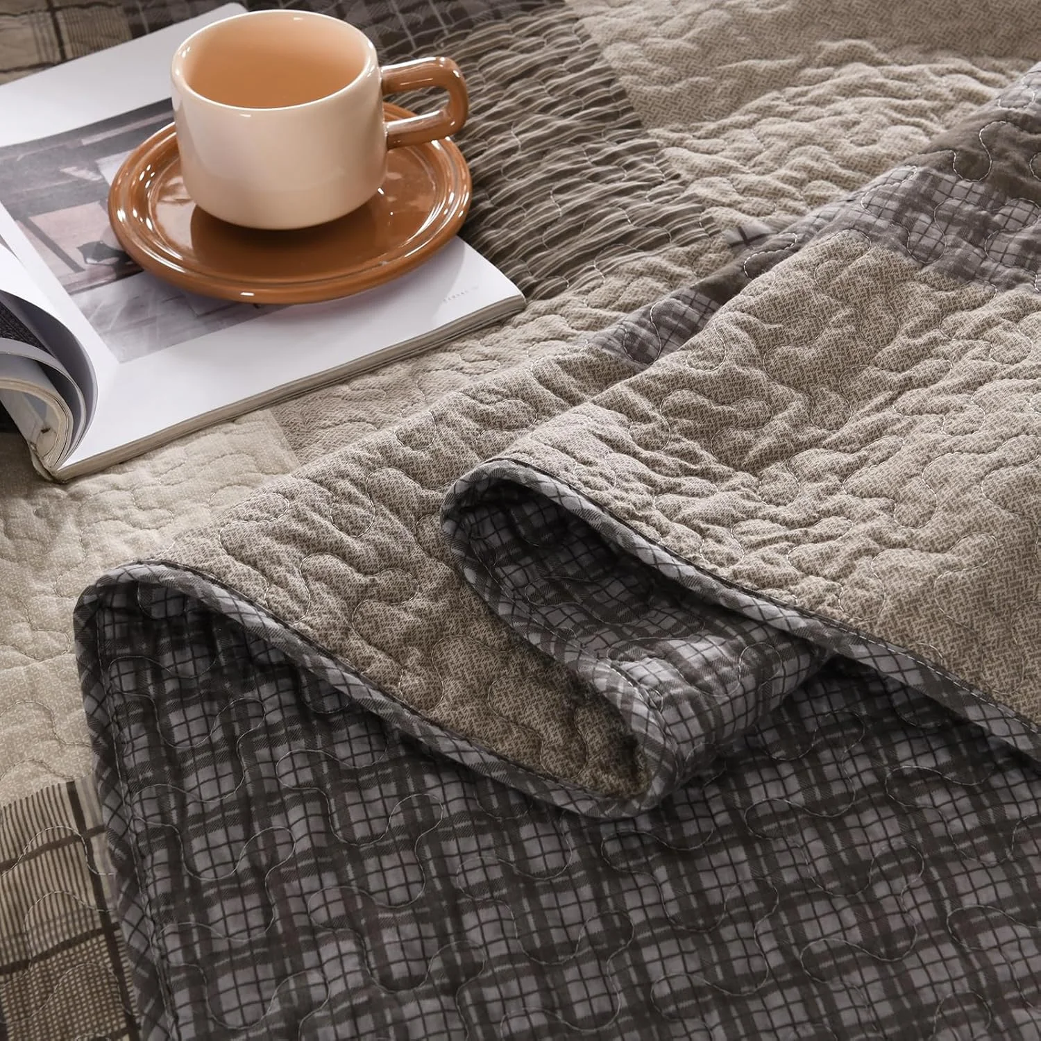 روتختی کالیفرنیا کینگ بزرگ EWlinens، طرح چهارخانه قهوه ای مزرعه، سایز بزرگ 304x325 سانتی متر، 100% پنبه