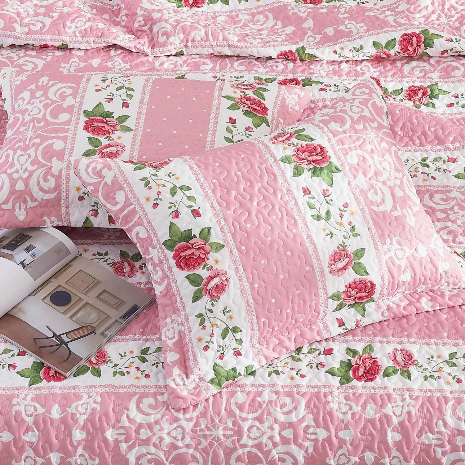 ست لحاف گلدار EVENHUG سایز کوئین 3 تکه، ست ملحفه صورتی، دو رو، همراه با 2 روبالشتی، روتختی سبک و نرم مناسب تمام فصول (270x244 سانتی متر، صورتی)