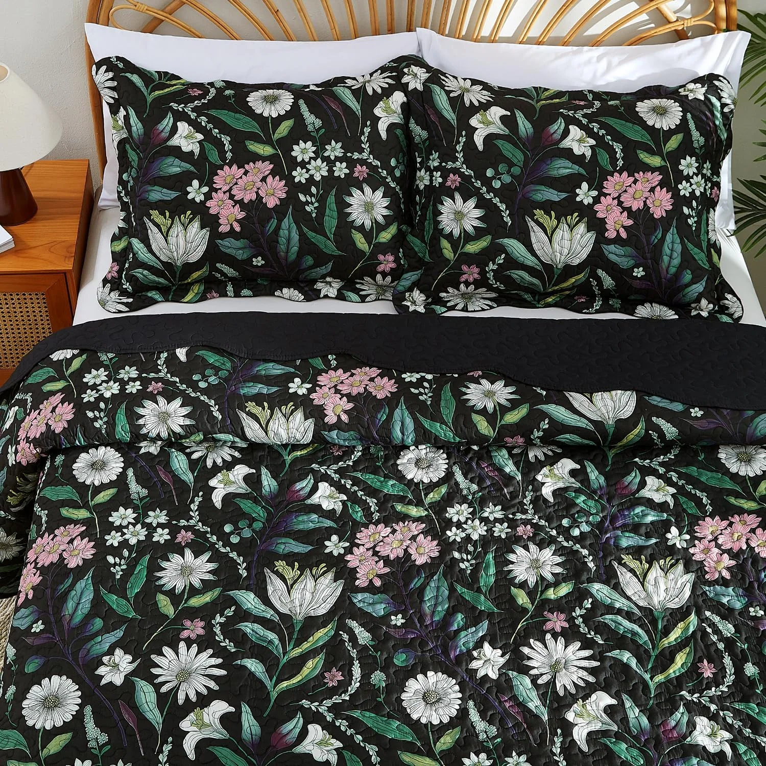 ست لحاف طرح گل EVENHUG سایز کینگ، روتختی مشکی طرح گیاهی به همراه روبالشتی، ست ملحفه گلدار نرم و سبک مناسب تمام فصول، 3 تکه (270x244 سانتی متر)