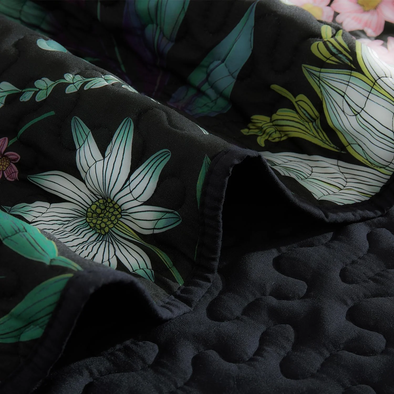 ست لحاف طرح گل EVENHUG سایز کینگ، روتختی مشکی طرح گیاهی به همراه روبالشتی، ست ملحفه گلدار نرم و سبک مناسب تمام فصول، 3 تکه (270x244 سانتی متر)