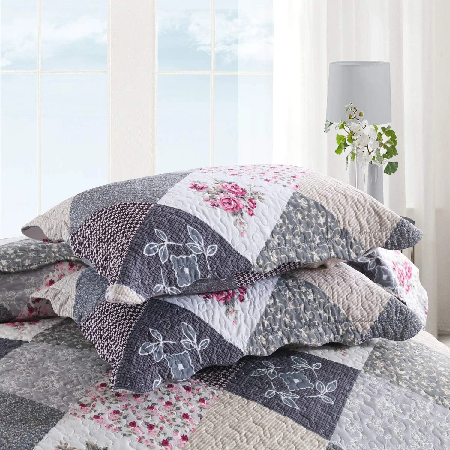 روتختی کینگ سایز طرح مزرعه ENJOHOS - ست روتختی کینگ لحاف خاکستری طرح تکه دوزی برگشت پذیر گلدار، ست روتختی میکروفایبر سبک وزن طرح گلدار چهارخانه خاکستری با 2 روبالشی