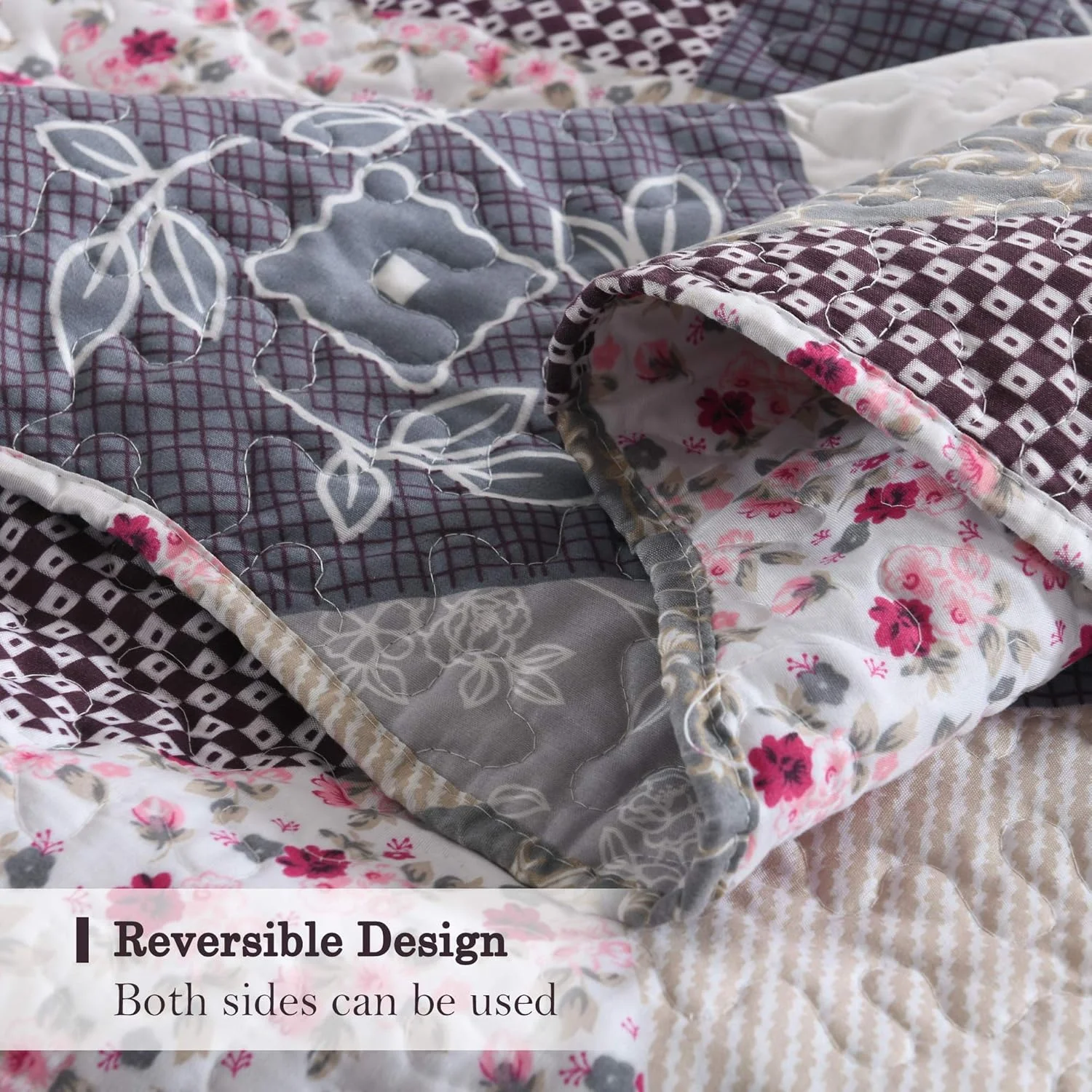 روتختی کینگ سایز طرح مزرعه ENJOHOS - ست روتختی کینگ لحاف خاکستری طرح تکه دوزی برگشت پذیر گلدار، ست روتختی میکروفایبر سبک وزن طرح گلدار چهارخانه خاکستری با 2 روبالشی