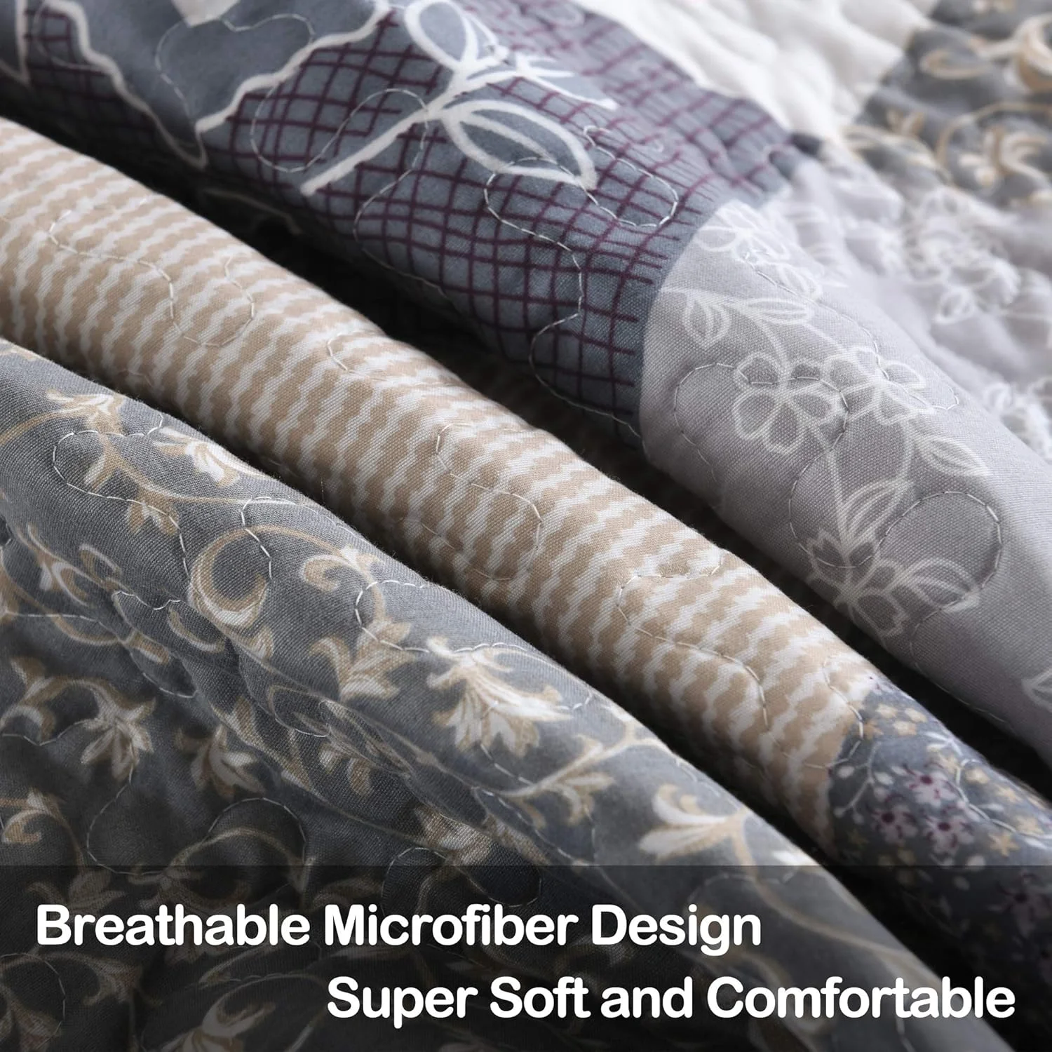 روتختی کینگ سایز طرح مزرعه ENJOHOS - ست روتختی کینگ لحاف خاکستری طرح تکه دوزی برگشت پذیر گلدار، ست روتختی میکروفایبر سبک وزن طرح گلدار چهارخانه خاکستری با 2 روبالشی