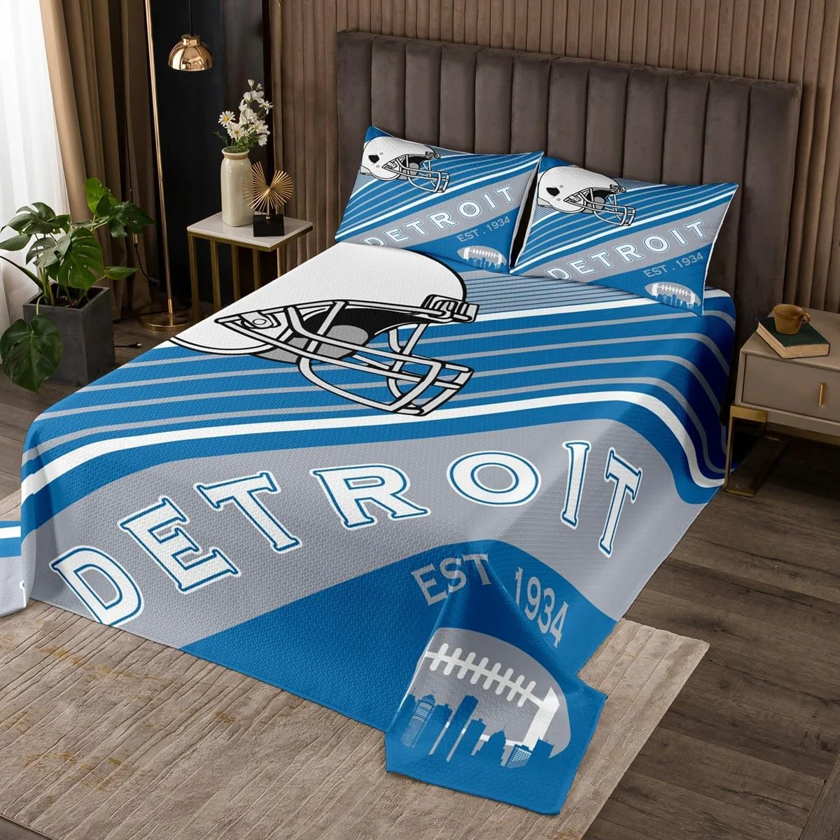 ست لحاف طرح فوتبال Erosebridal، سفید و آبی آسمانی، طرح کلاه ایمنی راگبی، سایز یک نفره، ست روتختی با تم شهر فوتبال آمریکایی، ست روتختی بازی توپی سه بعدی یکپارچهسازی با سیستمعامل با 1 روبالشی (دیترویت)