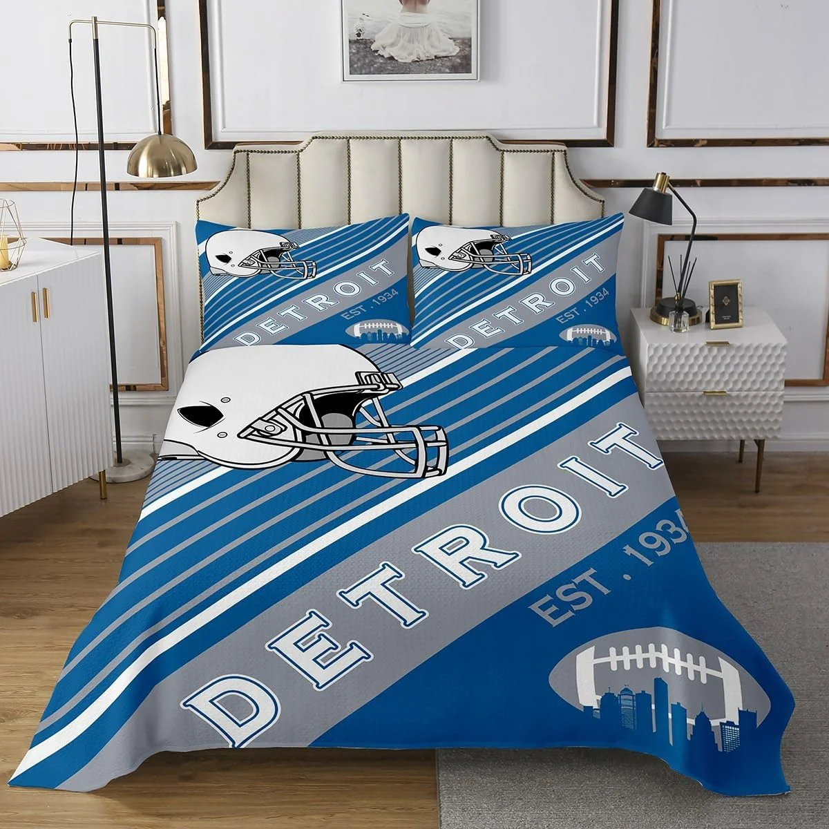 ست لحاف طرح فوتبال Erosebridal، سفید و آبی آسمانی، طرح کلاه ایمنی راگبی، سایز یک نفره، ست روتختی با تم شهر فوتبال آمریکایی، ست روتختی بازی توپی سه بعدی یکپارچهسازی با سیستمعامل با 1 روبالشی (دیترویت)