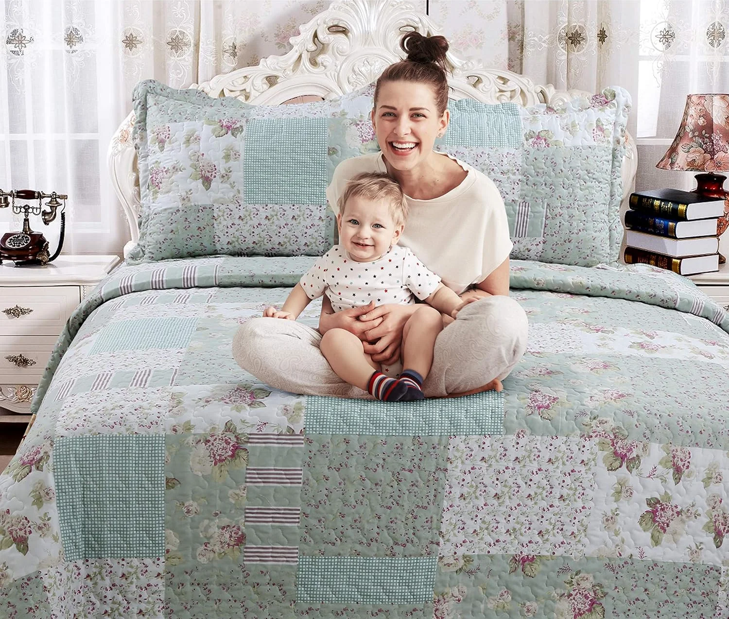 روتختی طرح گل رز انگلیسی، غنی از پنبه، پیش شسته شده، بدون آبرفت. مناسب به عنوان روتختی، رو تختی، لحاف تزئینی، روتختی سبک