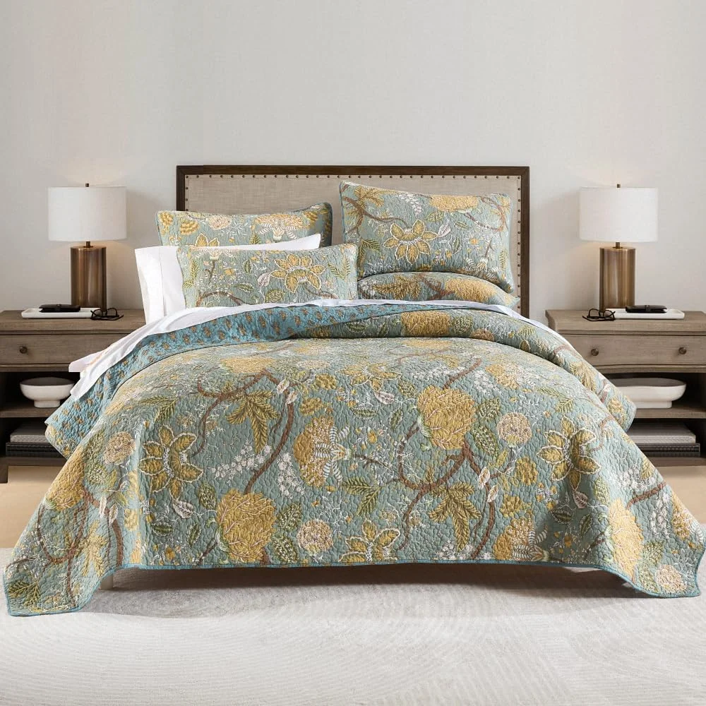 ست روتختی پنبه ای ENASAL، ست های لحاف روتختی دو رو، لحاف، روتختی فیروزه ای گلدار وینتیج به سبک مزرعه، سایز کینگ