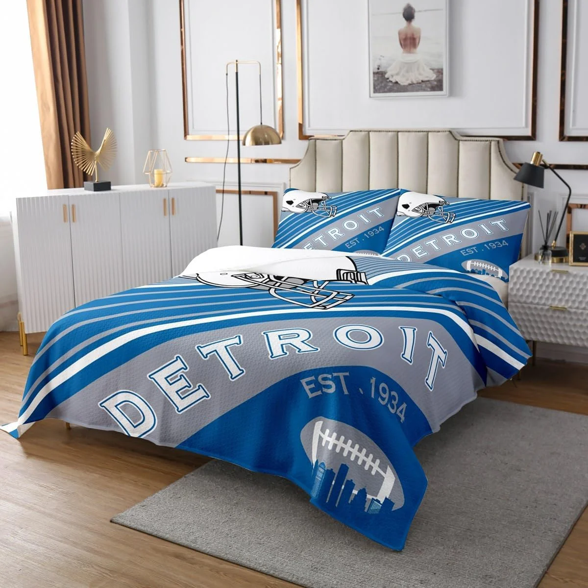 ست لحاف طرح فوتبال Erosebridal، سفید و آبی آسمانی، طرح کلاه ایمنی راگبی، سایز یک نفره، ست روتختی با تم شهر فوتبال آمریکایی، ست روتختی بازی توپی سه بعدی یکپارچهسازی با سیستمعامل با 1 روبالشی (دیترویت)