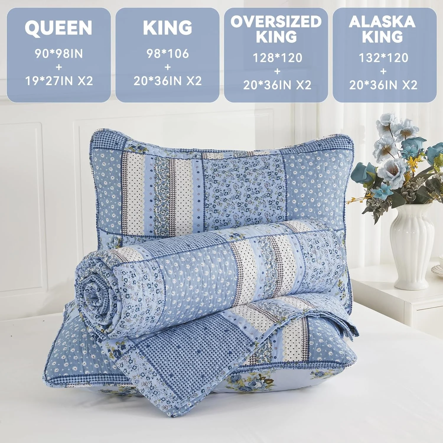 لحاف بزرگ کینگ آلاسکا ENJOHOS با ابعاد 335x304 سانتی متر، ست 3 تکه لحاف کینگ طرح چهارخانه آبی و گلدار، ست روانداز و روتختی بزرگ مناسب تمام فصول، ست روتختی تکه دوزی شده دو رو