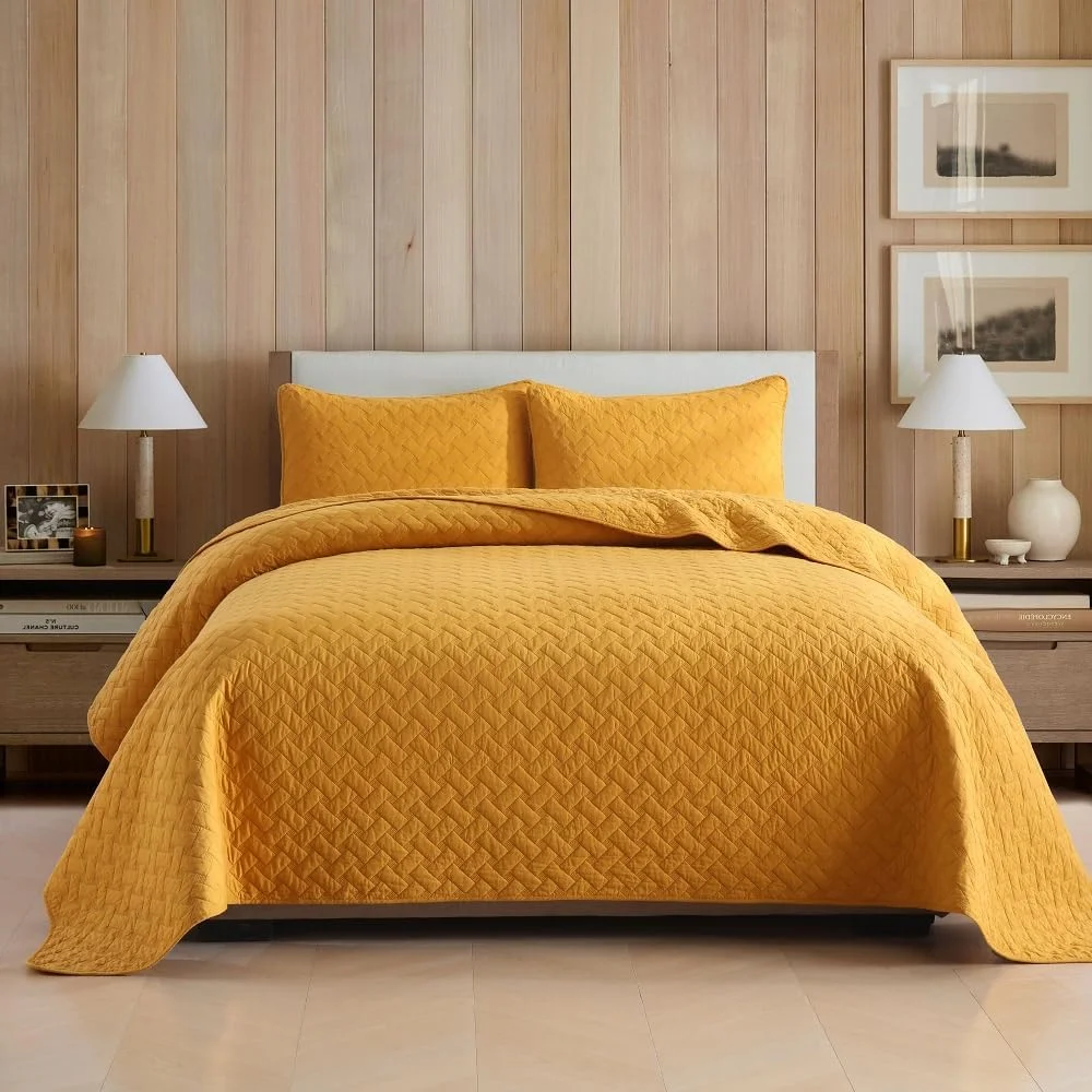 روتختی نخی ENASAL، روانداز تخت 220 در 240 سانتی متر به همراه 2 روبالشتی برای تخت دونفره، ست 3 تکه لحاف، لحاف نرم مناسب تمام فصل ها، طرح بافتنی، زرد، 230 در 250 سانتی متر