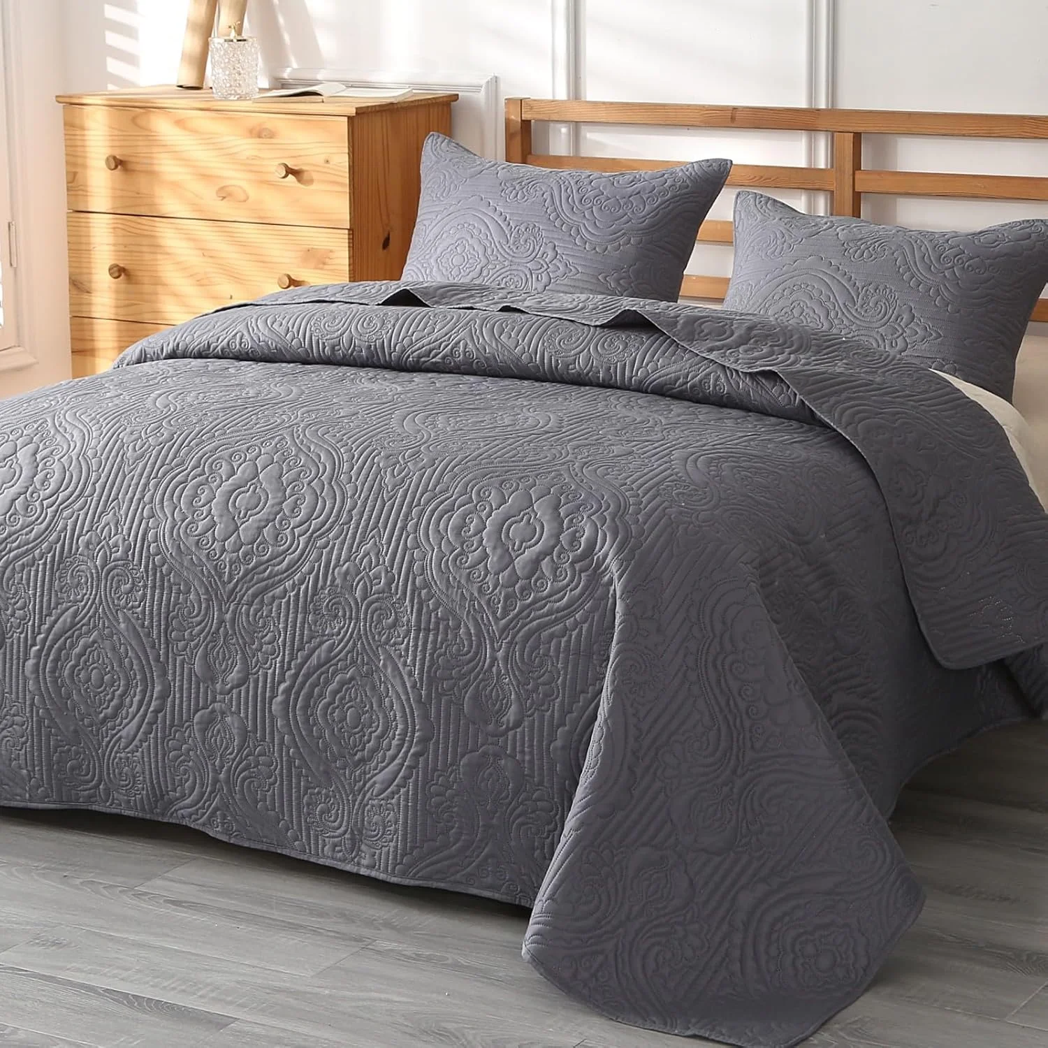 روتختی لحافی تابستانی ENJOHOS سایز کینگ، لحاف سبک خاکستری سایز کوئین 3 تکه، روتختی کینگ سایز میکروفایبر برجسته دو رو با روبالشتی برای تخت کینگ، پتوی لحافی نازک روکش تخت