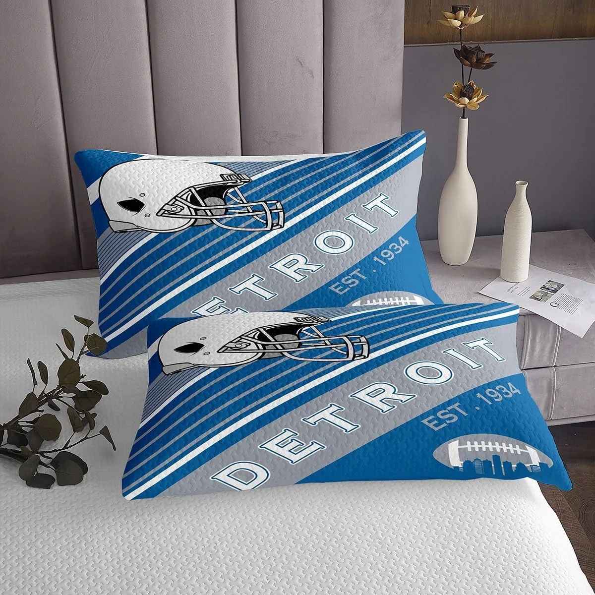 ست لحاف طرح فوتبال Erosebridal، سفید و آبی آسمانی، طرح کلاه ایمنی راگبی، سایز یک نفره، ست روتختی با تم شهر فوتبال آمریکایی، ست روتختی بازی توپی سه بعدی یکپارچهسازی با سیستمعامل با 1 روبالشی (دیترویت)