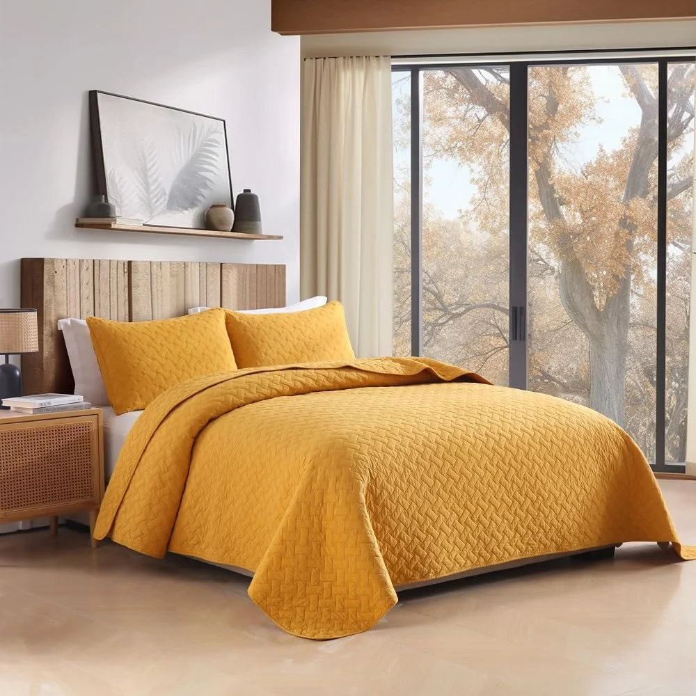 روتختی نخی ENASAL، روانداز تخت 220 در 240 سانتی متر به همراه 2 روبالشتی برای تخت دونفره، ست 3 تکه لحاف، لحاف نرم مناسب تمام فصل ها، طرح بافتنی، زرد، 230 در 250 سانتی متر