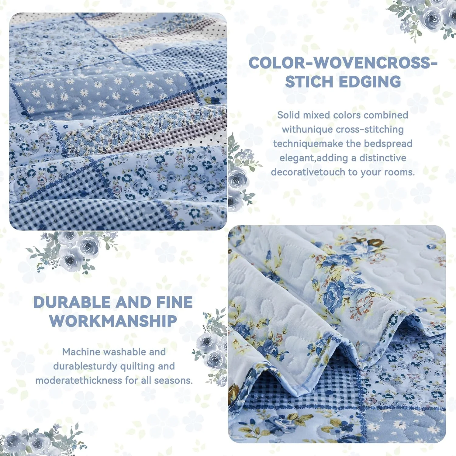ست لحاف طرح گلدار چهارخانه آبی ENJOHOS سایز کینگ 250x270 سانتی متر، ست روتختی سه تکه طرح بوهمی مناسب تمام فصول، ست روتختی برگشت پذیر تکه دوزی شده سایز کینگ
