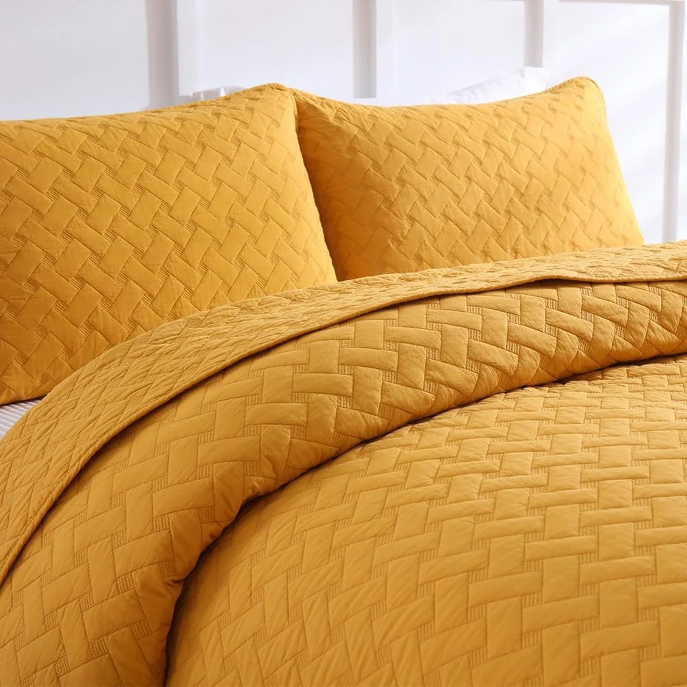 روتختی نخی ENASAL، روانداز تخت 220 در 240 سانتی متر به همراه 2 روبالشتی برای تخت دونفره، ست 3 تکه لحاف، لحاف نرم مناسب تمام فصل ها، طرح بافتنی، زرد، 230 در 250 سانتی متر