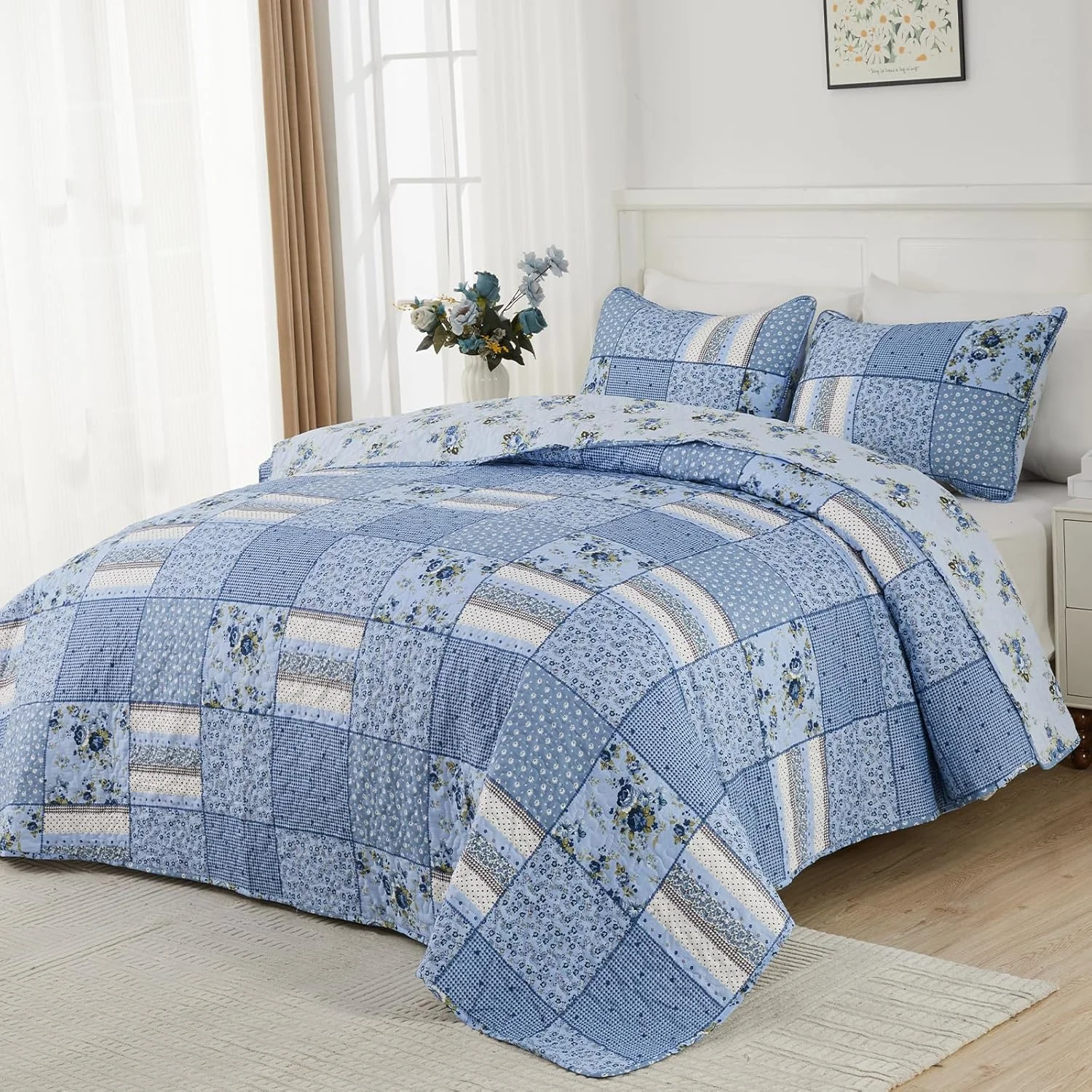 ست لحاف کالیفرنیا کینگ ENJOHOS سایز بزرگ 128x120، ست روتختی 3 تکه طرح چهارخانه آبی گلدار مناسب تمام فصول، ست روتختی تکه دوزی شده دو رو ست لحاف کالیفرنیا کینگ ENJOHOS سایز بزرگ 128x120، ست روتختی 3 تکه طرح چهارخانه آبی گلدار مناسب تمام فصول، ست روتختی تکه دوزی شده دو رو